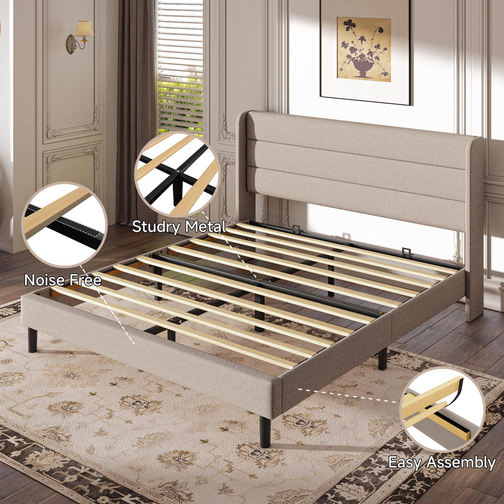 Mxhtcewz Full Size Upholstered Platform Bed Frame, Modern Linen Fabric Bed with Wingback Headboard, Sturdy No Wobble, Noise-Free & Easy Assembly, No Box Spring Needed, Beige