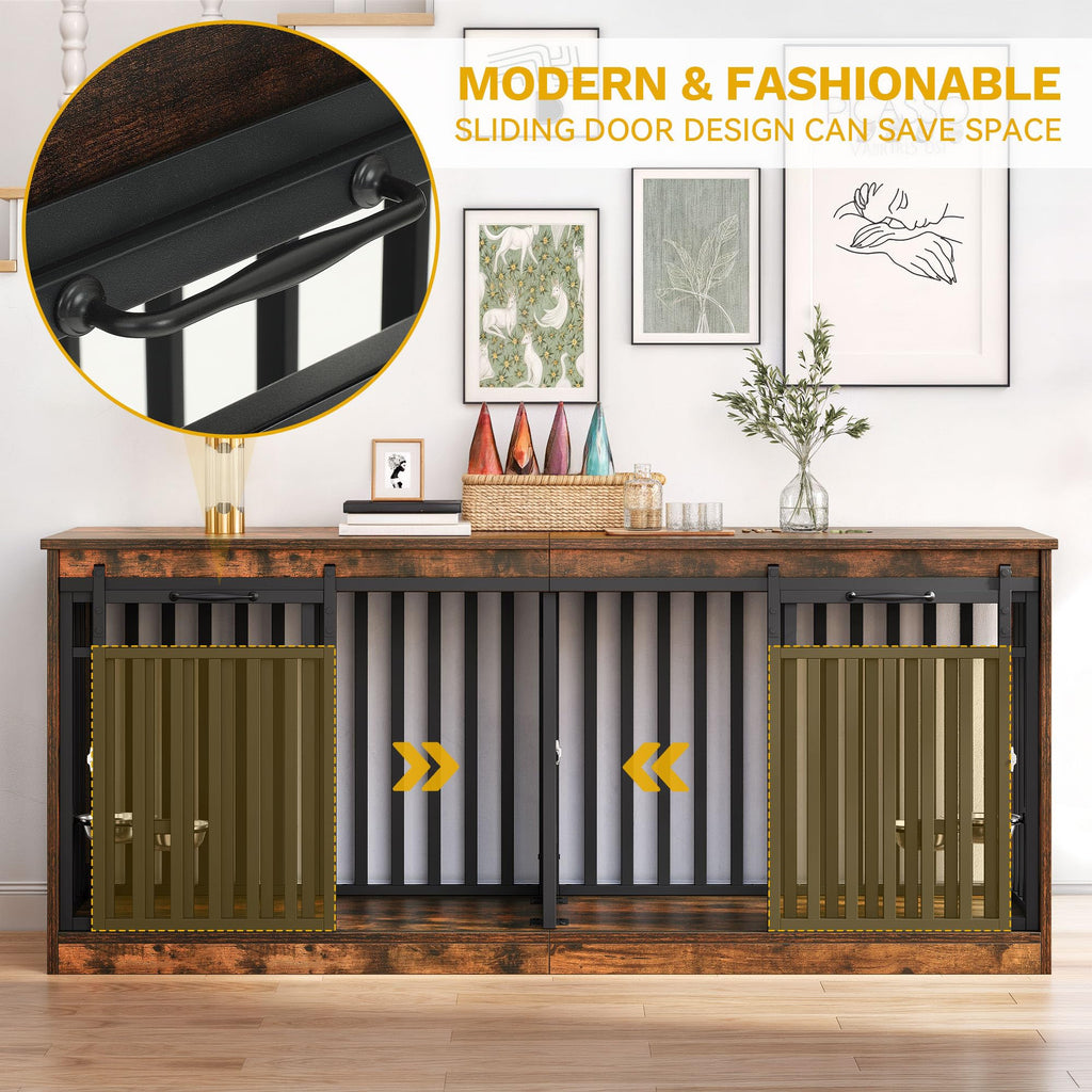 DWVO 71" Double Dog Crate Furniture for 2 Medium Dogs, Heavy Duty Wood Dual Dog Kennel TV Stand with Sliding Doors, Decorative Wooden 2 Dog Cage Table with Dog Bowls for Extra Large Dogs Rustic Brown