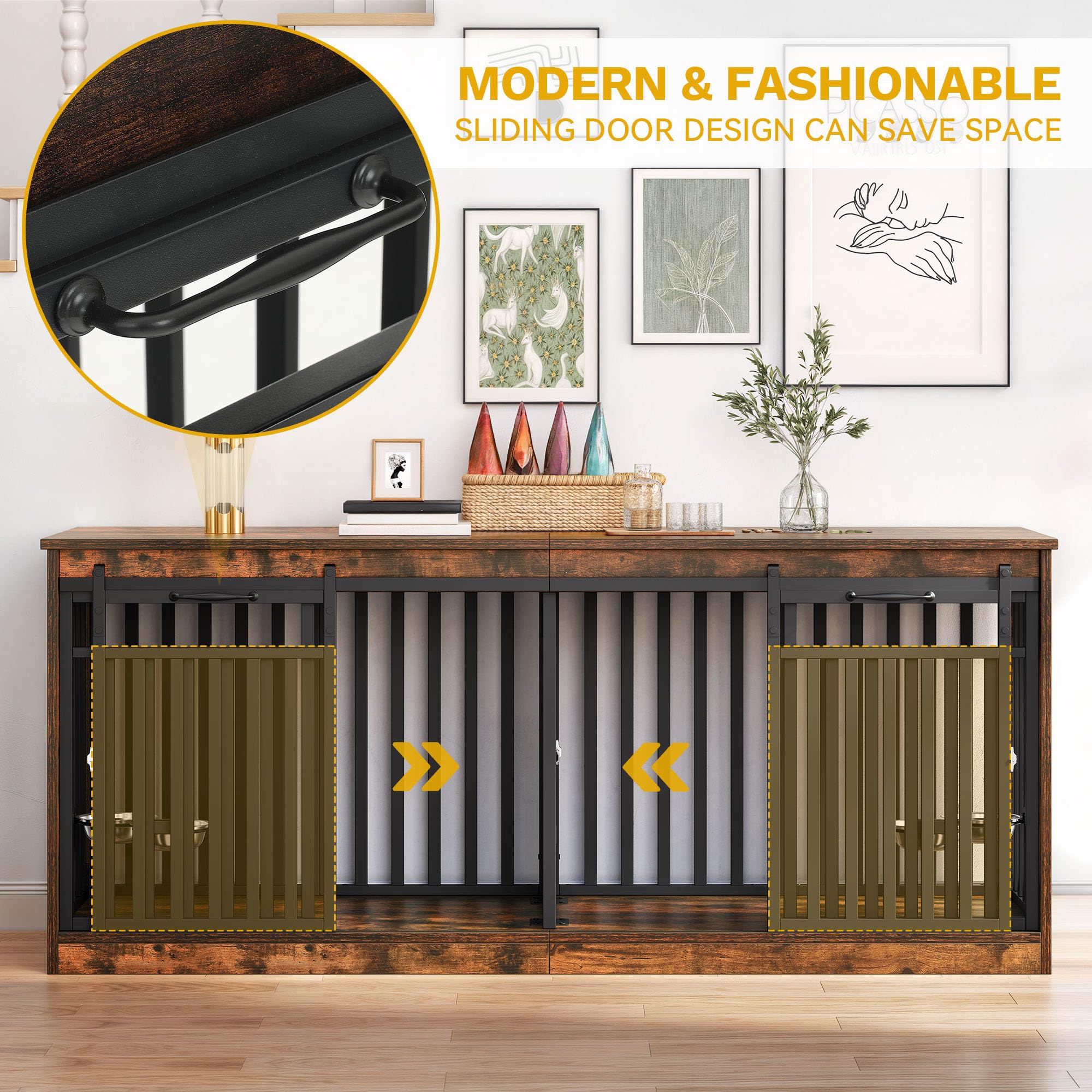 DWVO 71" Double Dog Crate Furniture for 2 Medium Dogs, Heavy Duty Wood Dual Dog Kennel TV Stand with Sliding Doors, Decorative Wooden 2 Dog Cage Table with Dog Bowls for Extra Large Dogs Rustic Brown
