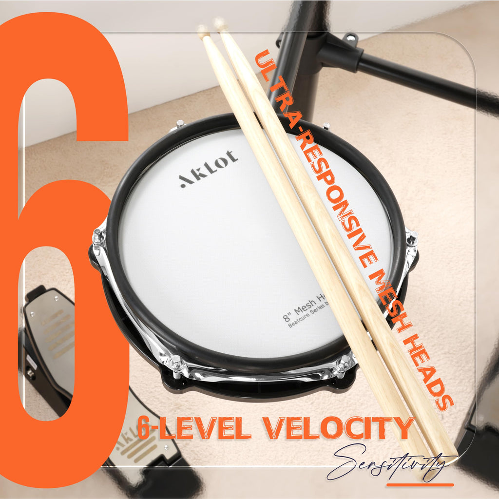 AKLOT Multi-Zone Electric Drum Set: 4 Dual-Trigger Quiet Mesh Drums, 360 Sounds, 10 User Kits, Cymbals with Choke, Electronic Drum Set with Throne, Headphones, Lesson Book for Beginner (B-CORE530Pro)
