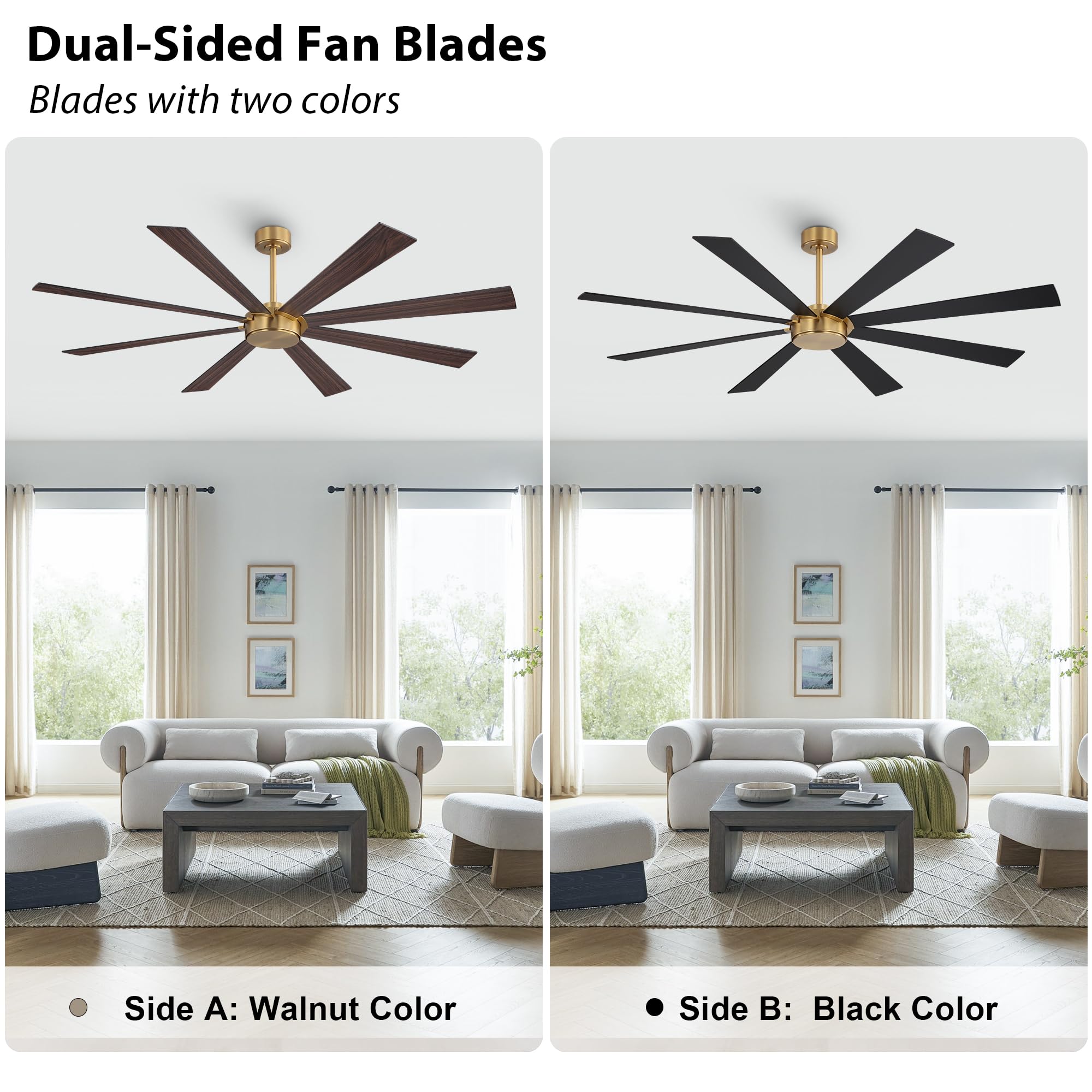 WINGBO 60" Ceiling Fan without Light, Modern Large Ceiling Fan with Remote Control, 6-Speed Reversible Noiseless DC Motor, Gold and Walnut/Black Blades for Living Room, Bedroom & Covered Outdoor