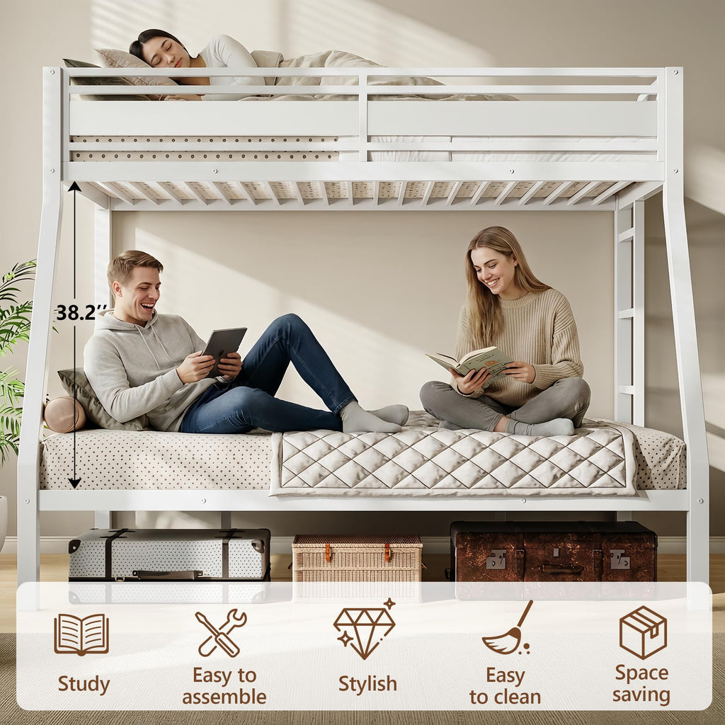 Feonase Bunk Beds Twin Over Full Size, Heavy Duty Metal Bunk Beds with Safety Guardrail & Ladders, Steel Loft Bed Frame for Teens and Adults, Apartment or Dorm, Noise Free & Easy Assembly, White
