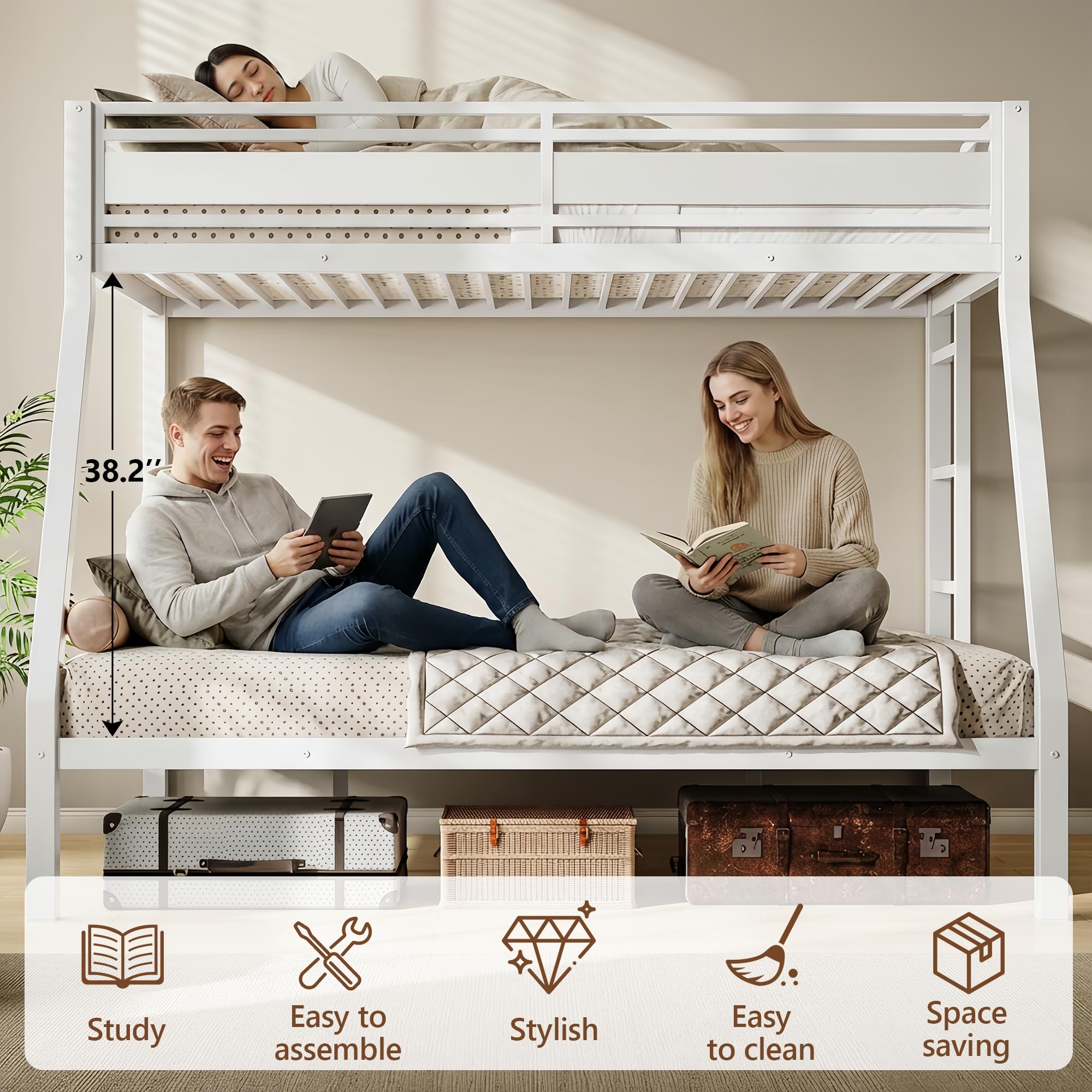 Feonase Bunk Beds Twin Over Full Size, Heavy Duty Metal Bunk Beds with Safety Guardrail & Ladders, Steel Loft Bed Frame for Teens and Adults, Apartment or Dorm, Noise Free & Easy Assembly, White