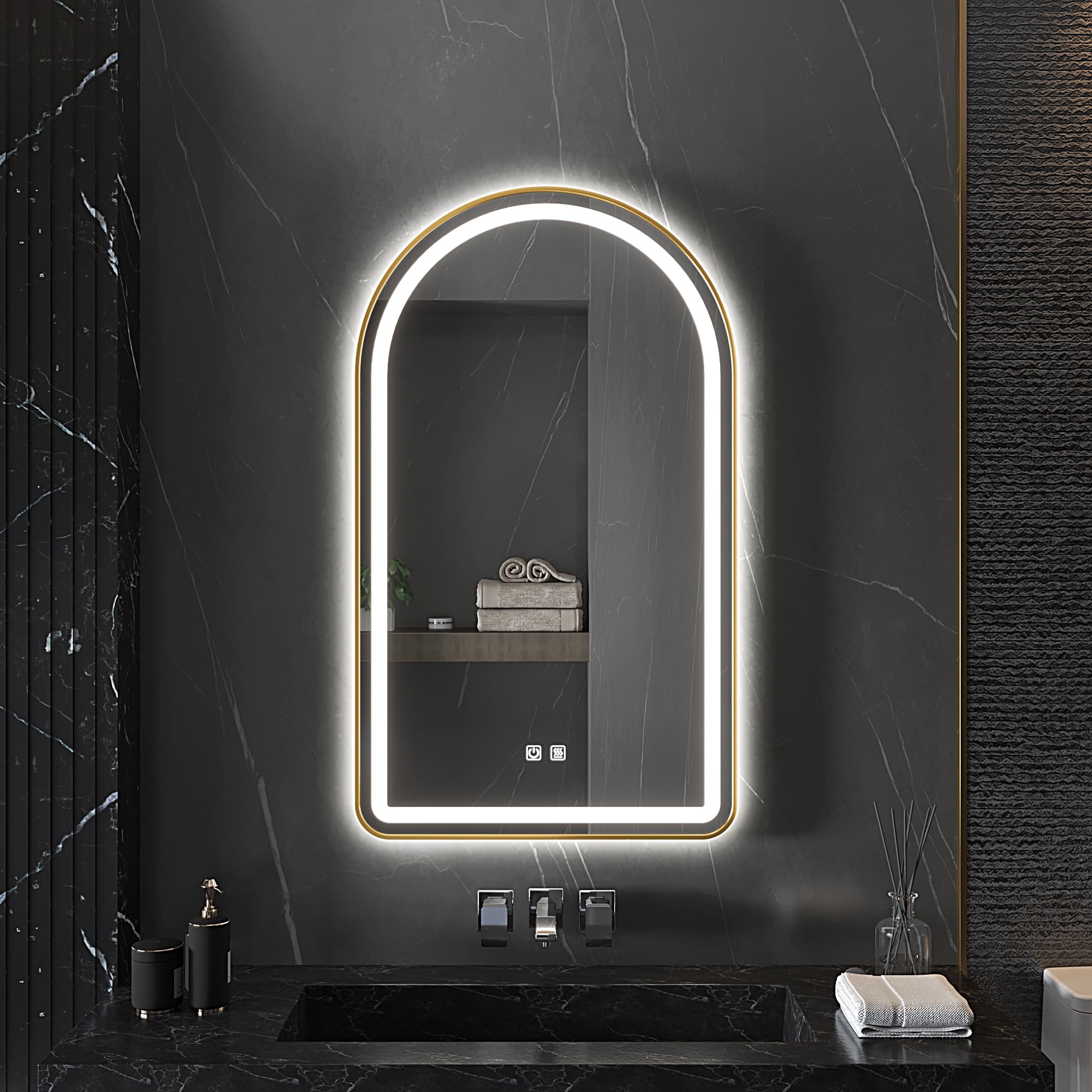 MYlovelylands 30x40 Inch LED Bathroom Arch Mirror, Gold Metal Frame, Adjustable Color Temp & Brightness,Anti-Fog,Shatter-Proof Rounded Arched Tempered Vanity Mirror for Wall