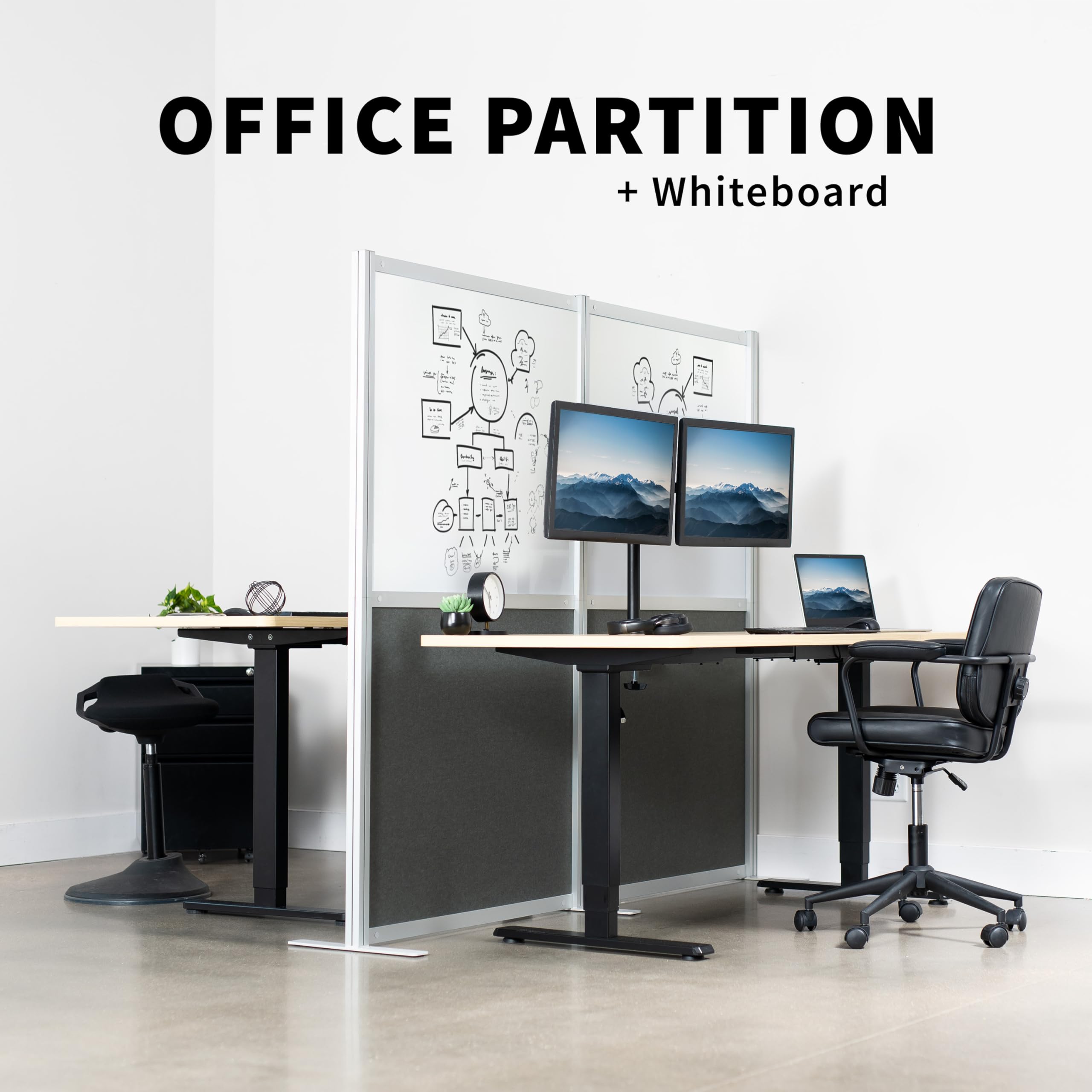 VIVO Modular Wall System, 2 PET and Whiteboard Panels, Professional Office Cubicle Dividers, Freestanding Privacy-Screen, 66 inches High, White and Dark Gray, PP-MWS63WB