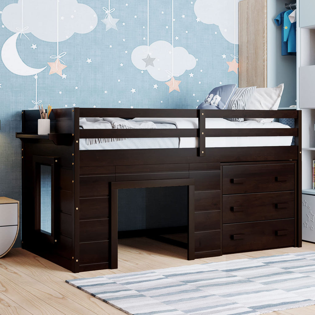 Merax Twin Size Loft Bed, Wood Bedframe for Kids Teens Adults Bedroom with Cabinet, Shelf, Stairs, Espresso