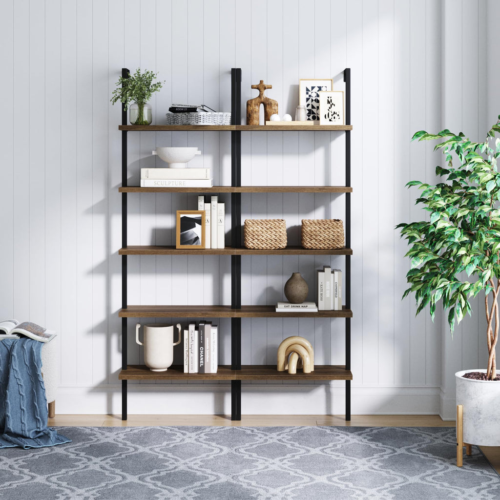 Nathan James Theo 5-Shelf Wood Modern Bookcase, Open Wall Mount Ladder Bookshelf with Industrial Black Metal Frame, Reclaimed Oak, Set of 2
