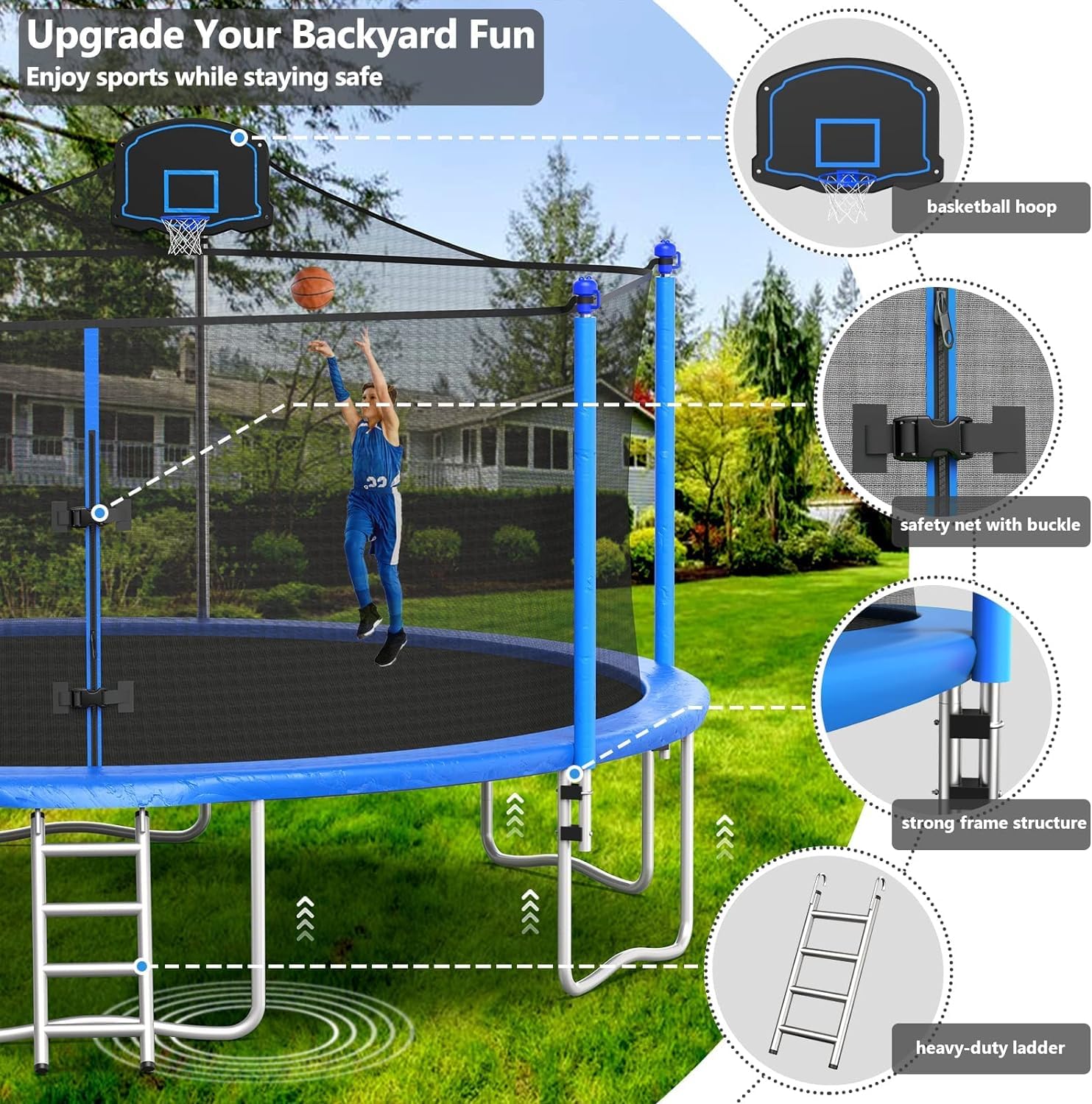 Lyromix Upgraded 16FT Trampoline with Lights, Large Outdoor Trampoline with Sprinkler,Basketball Hoop and Net, Capacity for 5-8 Kids and Adults, Classic Blue