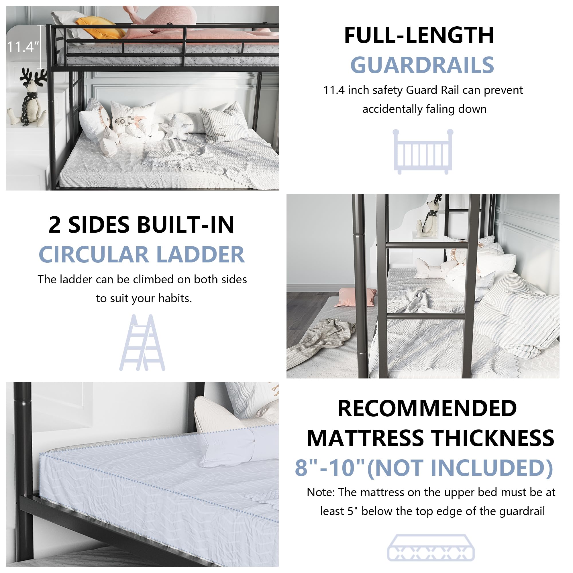SUNLEI Metal Bunk Beds with Double Secured Ladders, Twin Bunk Bed with Surrounded Safety Guardrails, Space Saver Twin Beds, Noise Free for Small Bedroom, with Trundle Function, Solid Black