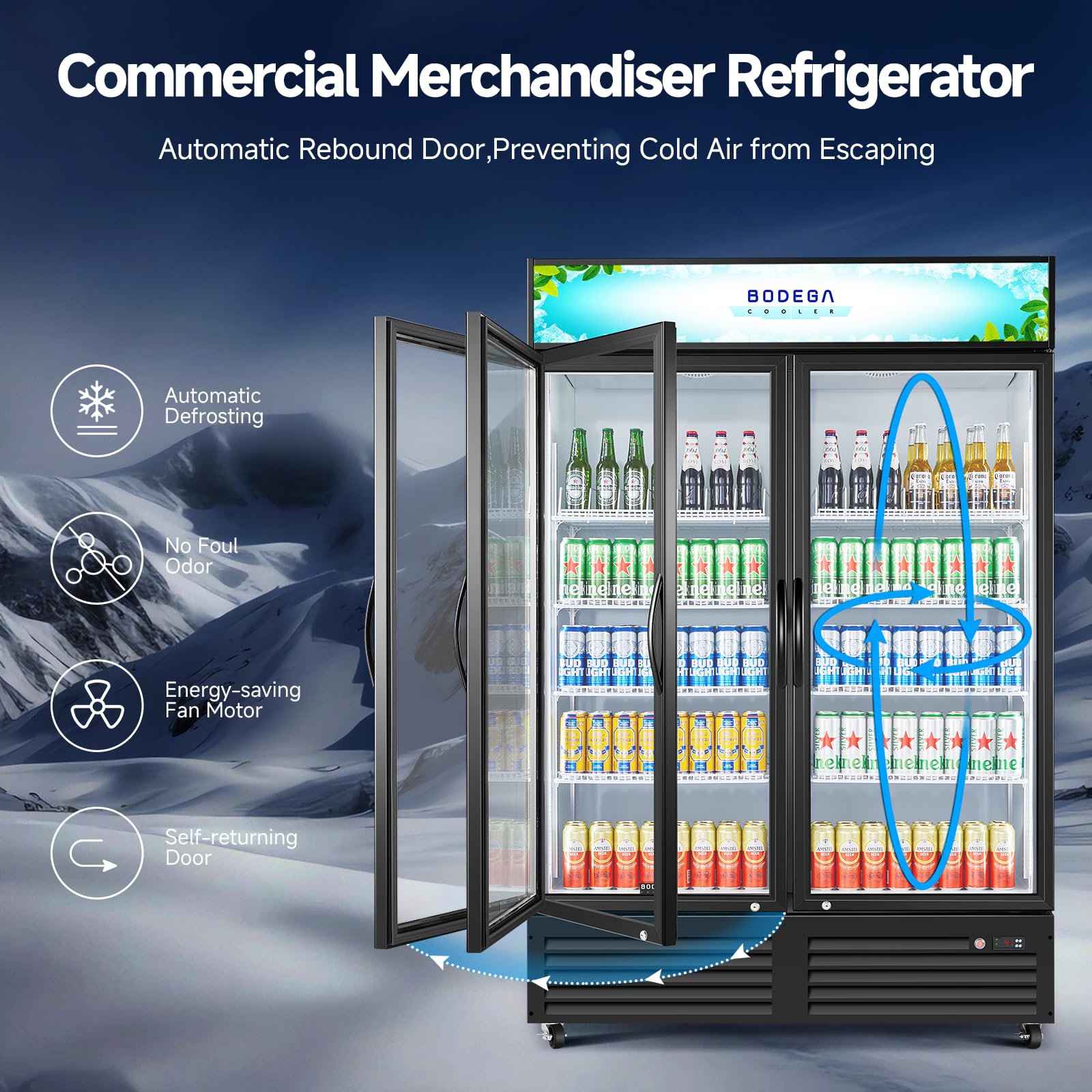 BODEGACOOLER Commercial Merchandiser Refrigerator, 40 Cu.Ft Double Glass Door Beverage Cooler, Upright Display Refrigerator with Soft LED Light, Adjustable Shelves, 4 Heavy-Duty Casters, Black