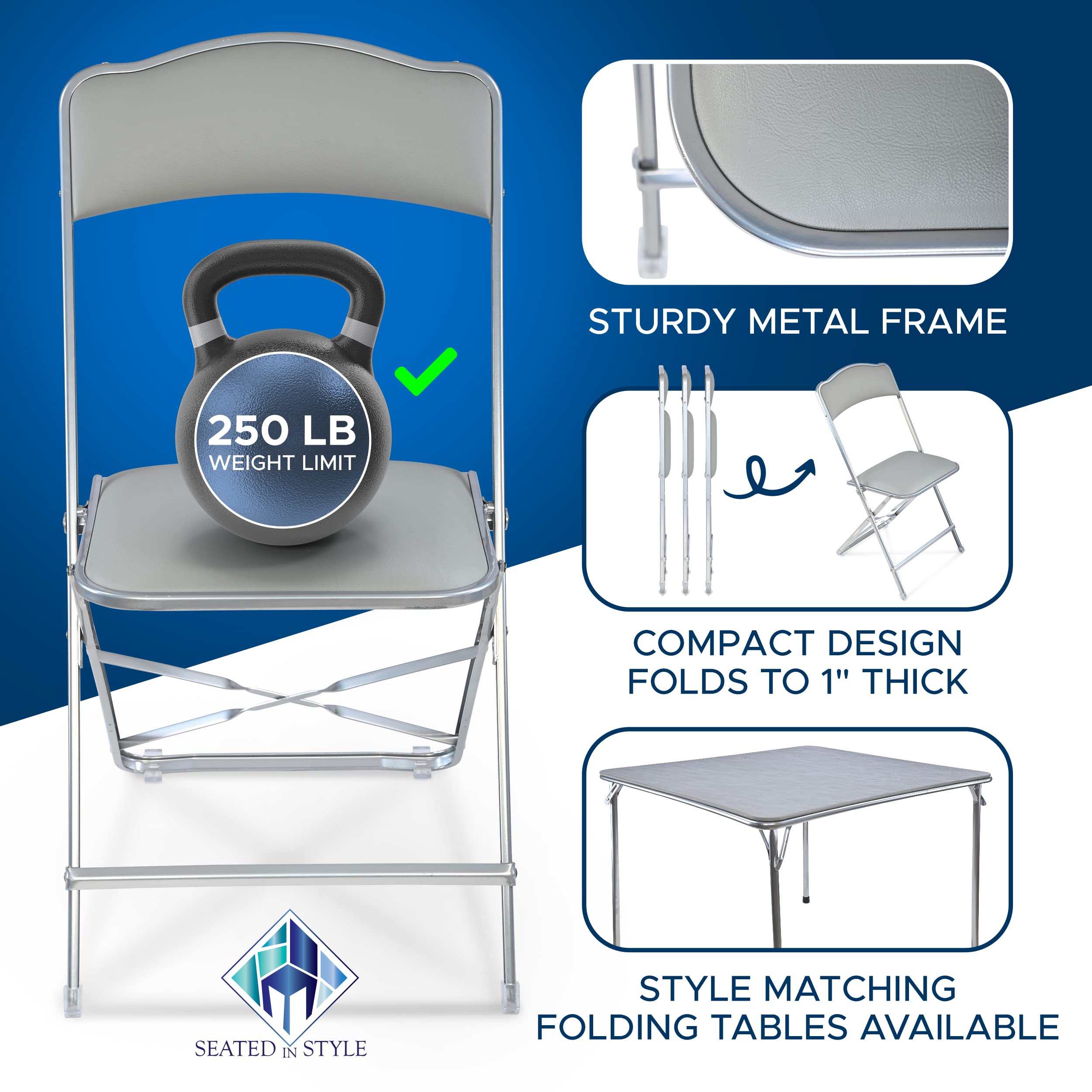 Gold Furnishings Folding Chairs with Padded Seats 4 Pack - Foldable Chair with Heavy-Duty Steel Frame, Elegant Party Bridge Chairs for Outside, Home, Office, Indoor & Outdoor Events - Silver/Grey