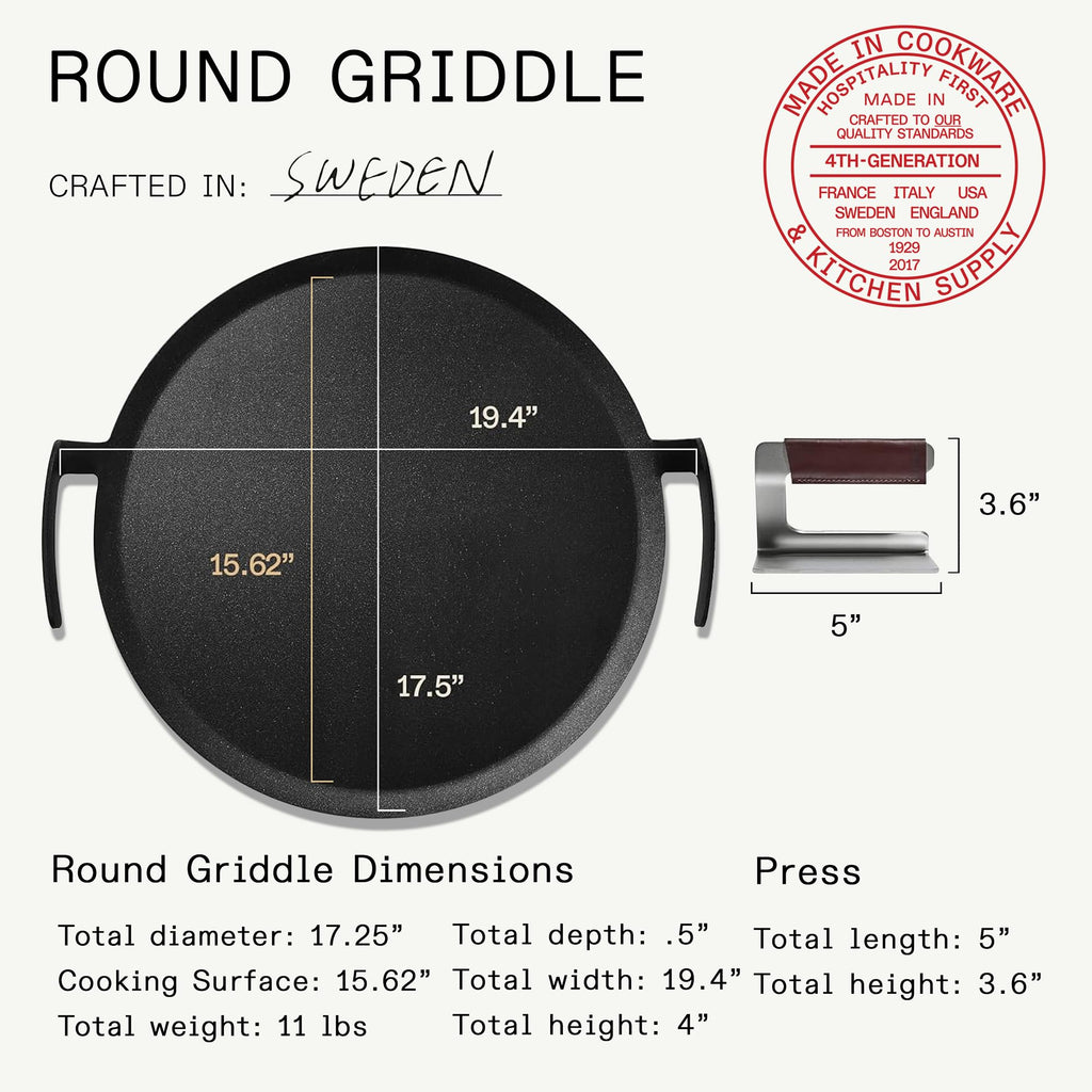 Made In Cookware | Seasoned 17" Round Carbon Steel Griddle + Grill Press | Professional Cookware | Crafted in Sweden | Induction Compatible