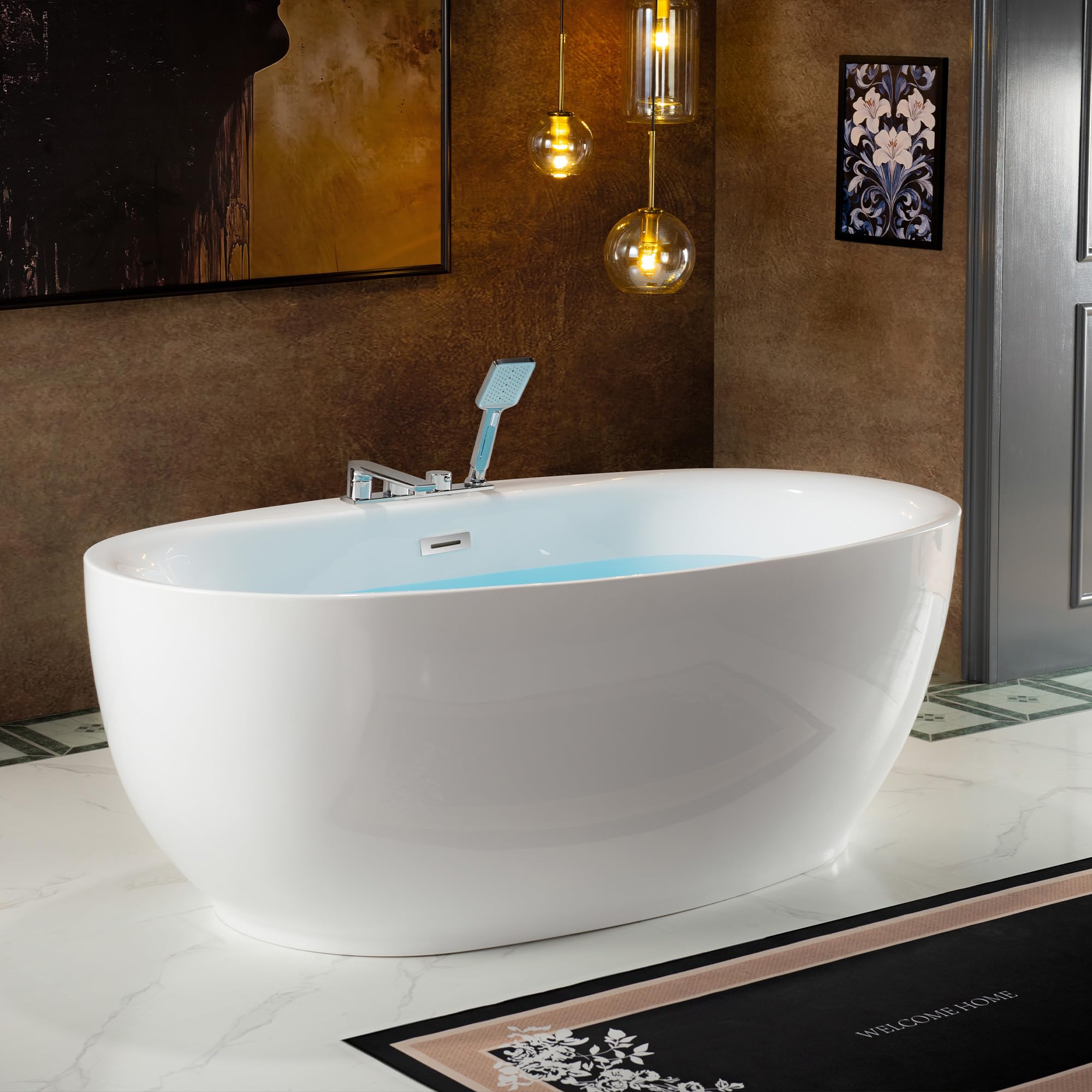 WOODBRIDGE 66" Acrylic Freestanding Bathtub Contemporary Soaking White Tub with Brushed Nickel Overflow & Drain and Faucet,B0027-BN