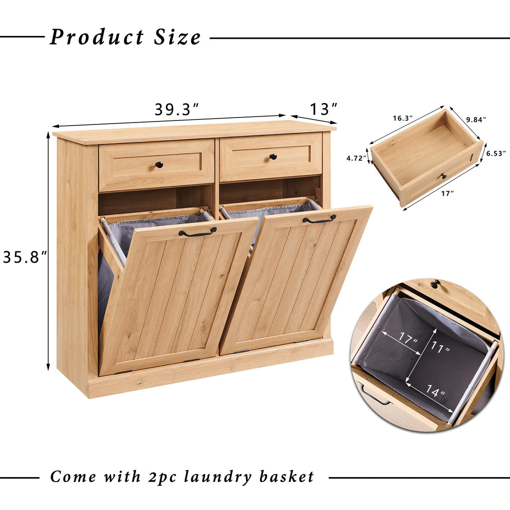 IFGET Double Tilt Out Trash Cabinet, 20 Gallon Farmhouse Laundry Hamper Cabinet with 2 Drawers, Hidden Wooden Trash Can Cabinets with Storage Basket for Kitchen, Living Room (Natural)