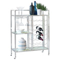 MAKLAINE Contemporary Metal Serving Cart, Chrome Finish, 3 Marble Pattern Glass Shelves, Stemware Racks, 24-Bottle Wine Holder, Casters for Mobility, Rectangular Bar Cart for Home Entertainment