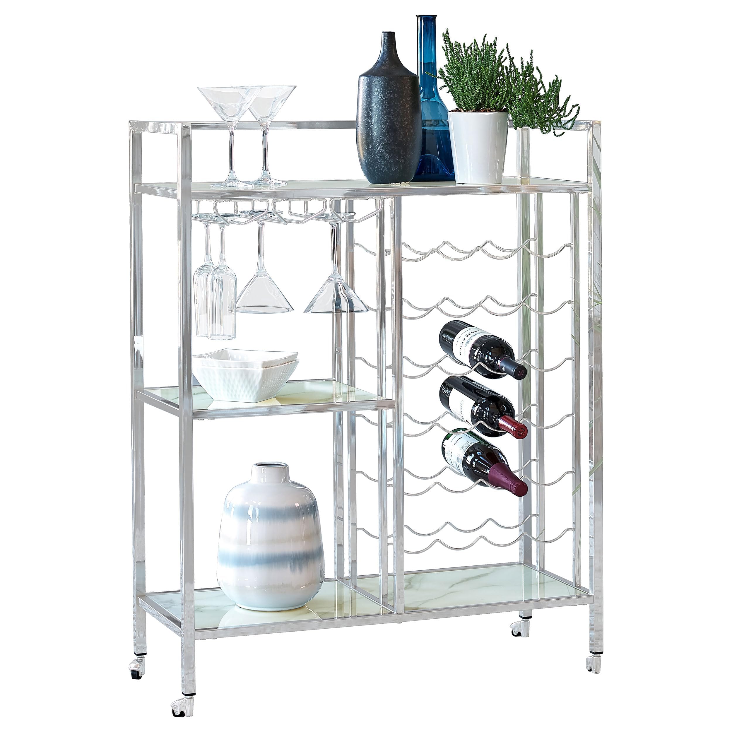 MAKLAINE Contemporary Metal Serving Cart, Chrome Finish, 3 Marble Pattern Glass Shelves, Stemware Racks, 24-Bottle Wine Holder, Casters for Mobility, Rectangular Bar Cart for Home Entertainment