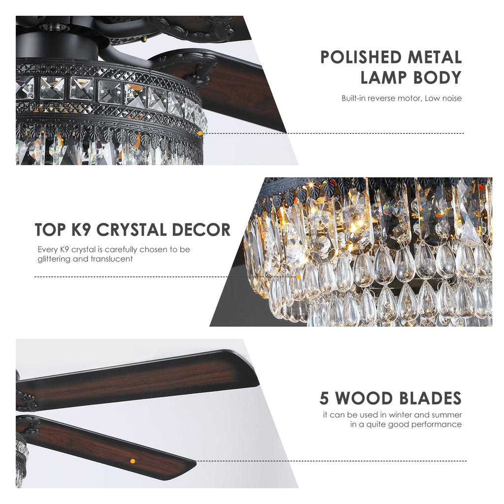 Asyko 62" Crystal Ceiling Fan Fandelier with Lights - Black Modern Crystal Chandelier Fans with Remote Control，Noiseless DC Motor, Retro/Farmhouse Lighting, Dining Room， Living Room