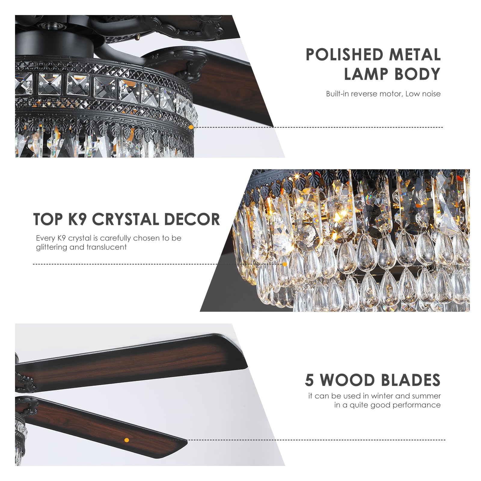 Asyko 62" Crystal Ceiling Fan Fandelier with Lights - Black Modern Crystal Chandelier Fans with Remote Control，Noiseless DC Motor, Retro/Farmhouse Lighting, Dining Room， Living Room