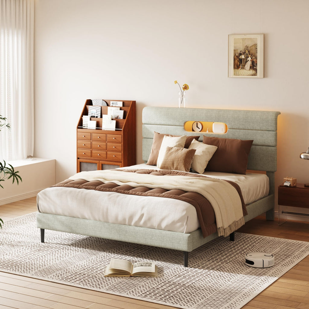 Sismplly Full Bed Frame with Linen Headboard, Platform Bed Frame with Upholstered Headboard, Mattress Foundation, No Box Spring Required, Easy Assembly, Light Green