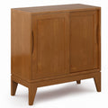 SIMPLIHOME Harper Storage Cabinet - 30 inch Wide Solid Hardwood 2-Shelf Low Console Cabinet in Teak Brown, Mid-Century Modern Cupboard for Living Room with Sliding Doors and Adjustable Shelves