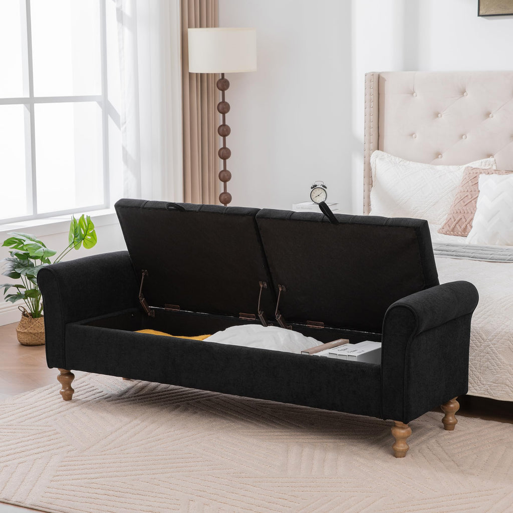 KEIKI 65.7" Modern Upholstered Storage Bench with Double Lids, Ottoman with Storage, Ottoman Bench with Rolled Armrest, Rubberwood Legs, for Bedroom, Living Room, Entryway & Window, Black