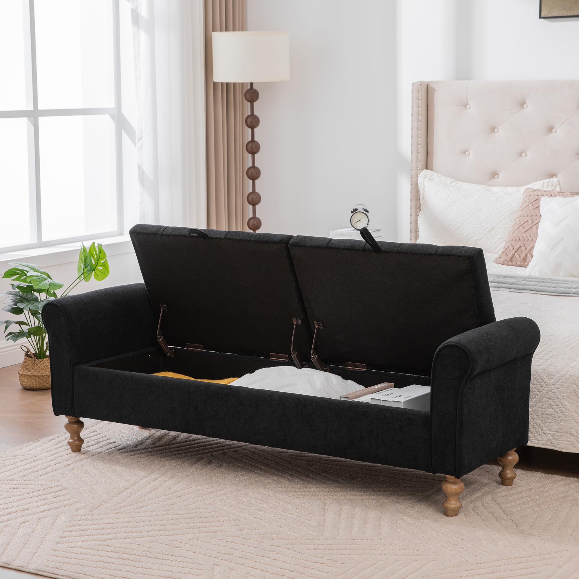 KEIKI 65.7" Modern Upholstered Storage Bench with Double Lids, Ottoman with Storage, Ottoman Bench with Rolled Armrest, Rubberwood Legs, for Bedroom, Living Room, Entryway & Window, Black
