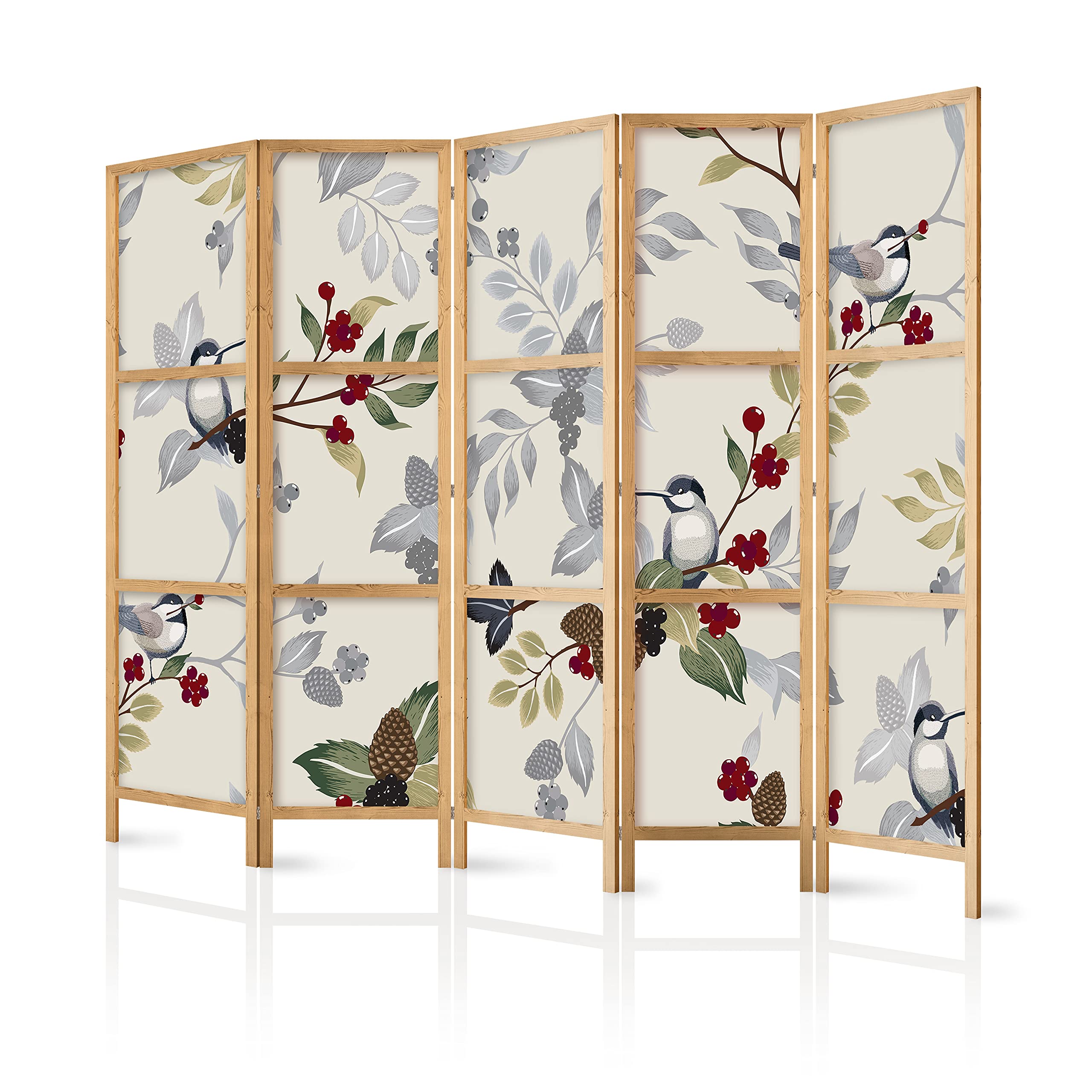artgeist Japanese Room Divider XXL Birds Forest Nature Leaves Botanical 90 x 67 in - 5 Panel Folding Screen Japan Design Home Decoration Art Deco b-B-0593-z-c