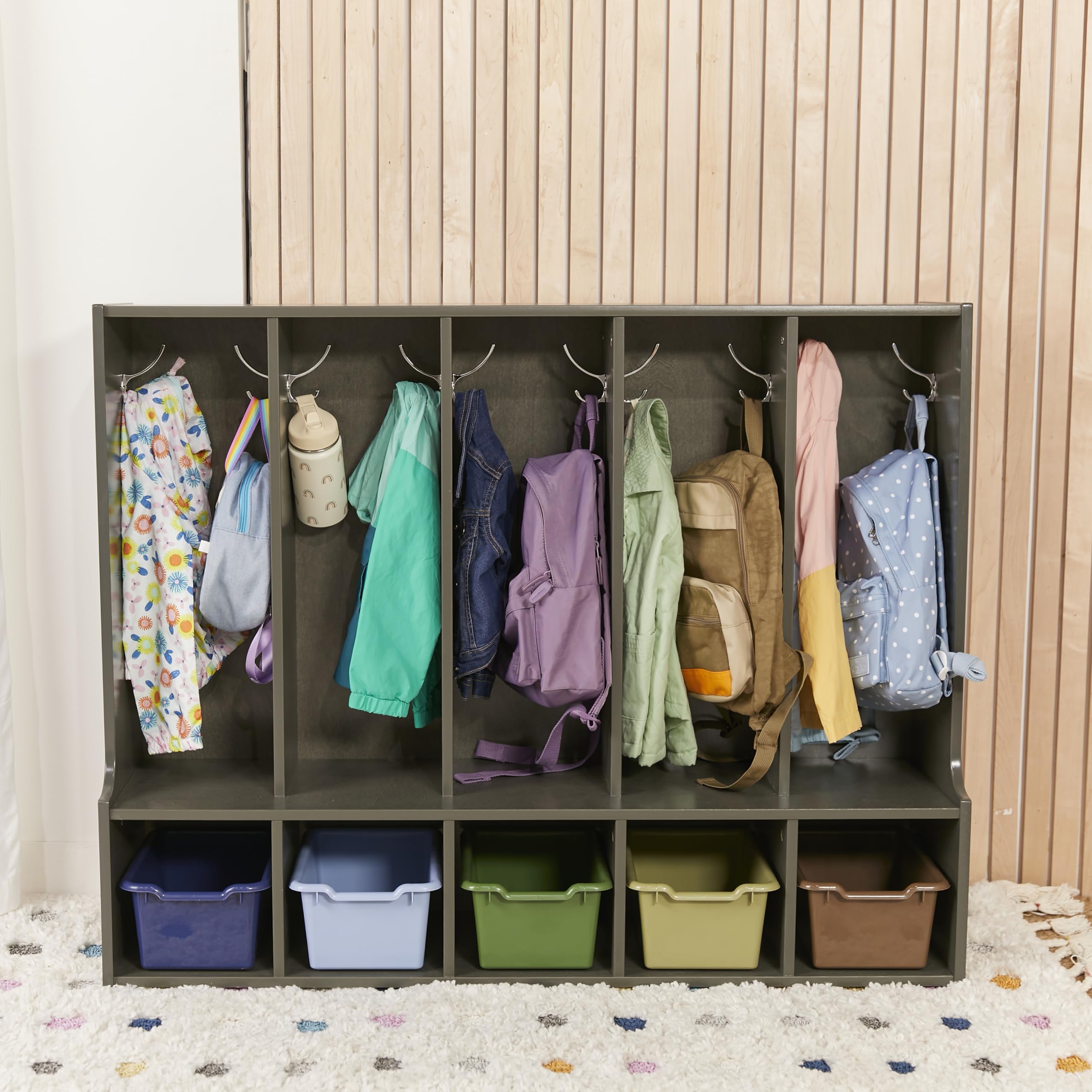 ECR4Kids Streamline 5-Section Toddler Coat Locker with Bench, Classroom Furniture, Grey Wash