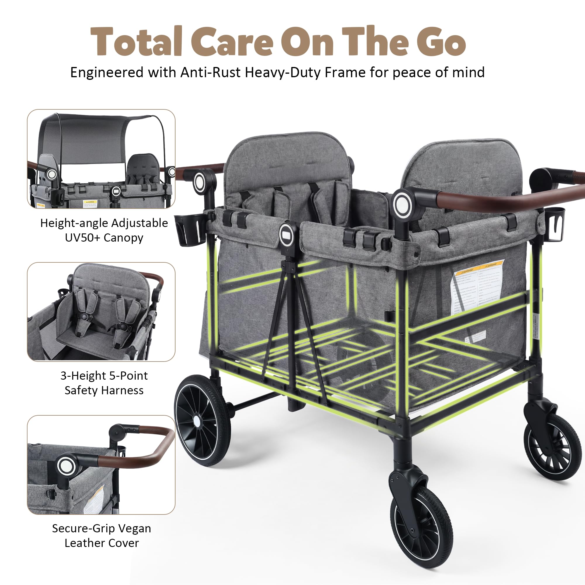 TODEFULL Wagon Stroller for 4 Kids, Foldable Kids Wagon Cart Featuring with Harnesses, Adjustable Double Push Handle, Removable Canopy, Snack Tray, Large Storage Bag