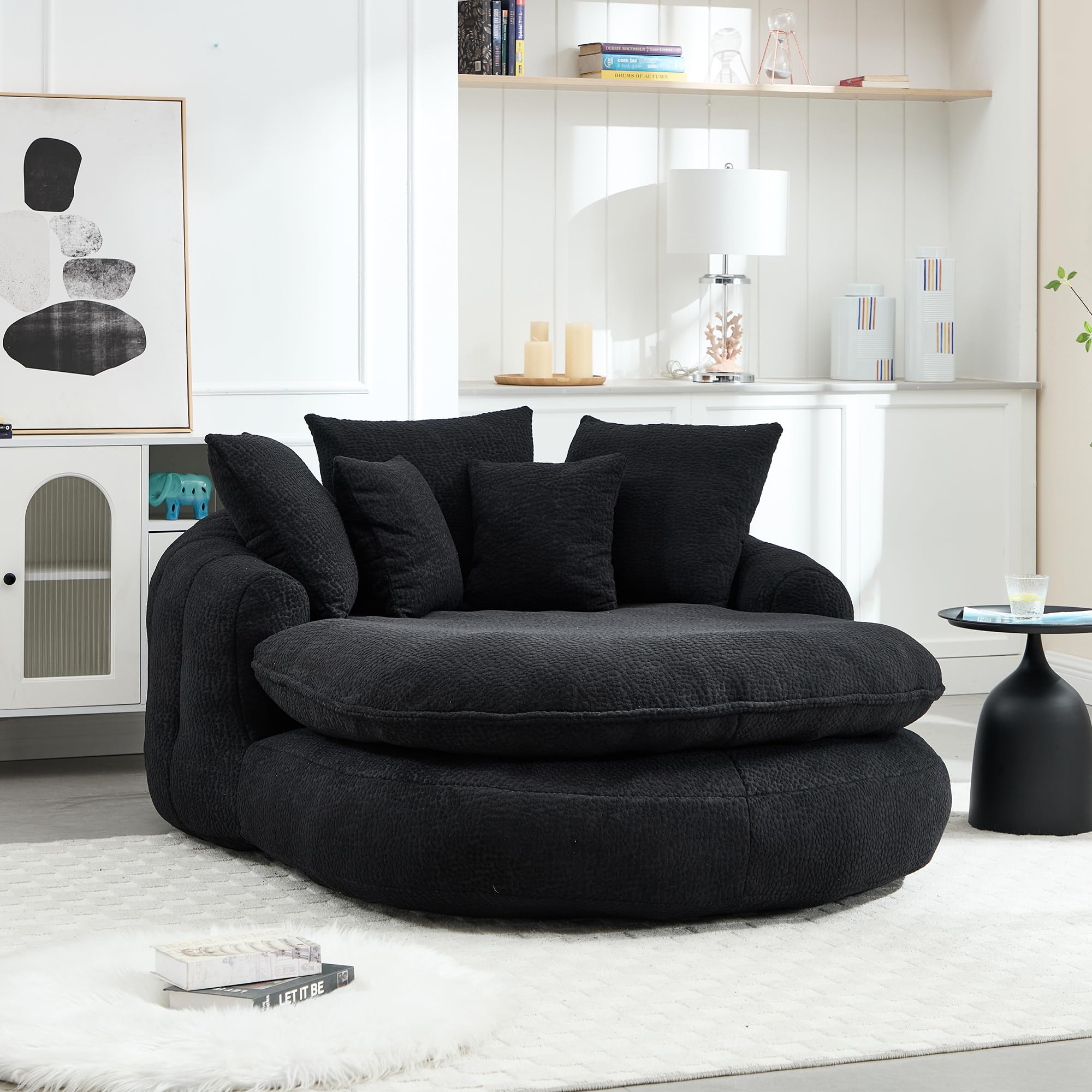 Oversized Oval Bean Bag Sofa, Chenille Fabric Floor Lounger with 5 Pillows and Wrap-Around Backrest for Adults, Large Lazy Sofa for Living Room and Game Room, Black