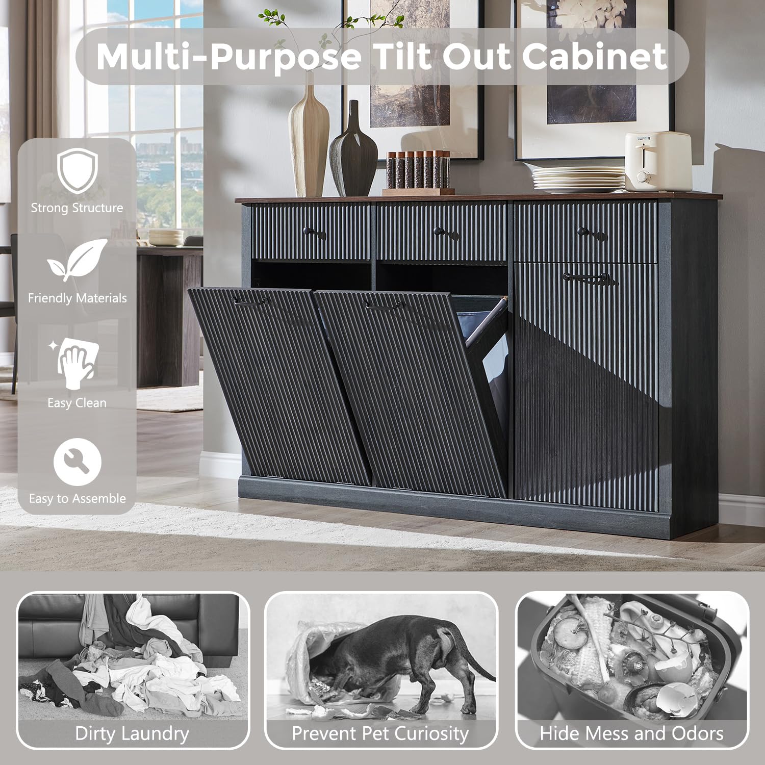 IFBUY Triple Tilt Out Laundry Hamper Cabinet, Modern Fluted Trash Can Cabinet with 3 Drawers, 20 Gallon Hidden Garbage Can Cabinets w/Laundry Basket & Adjustable shelf for Bathroom and Kitchen, Grey