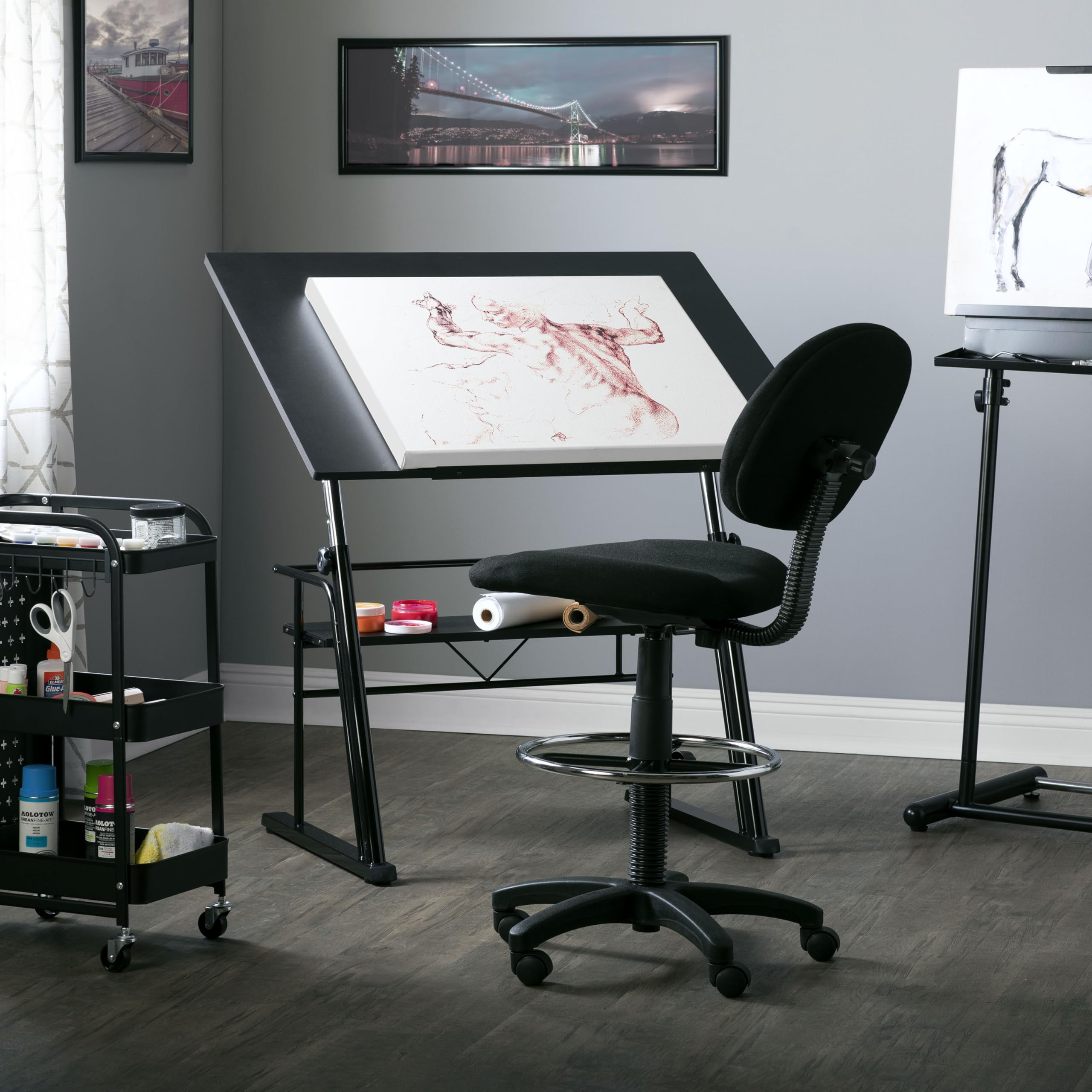 Studio Designs Zenith Height Adjustable Drafting Table with Shelf in Black, 42" W X 30" D