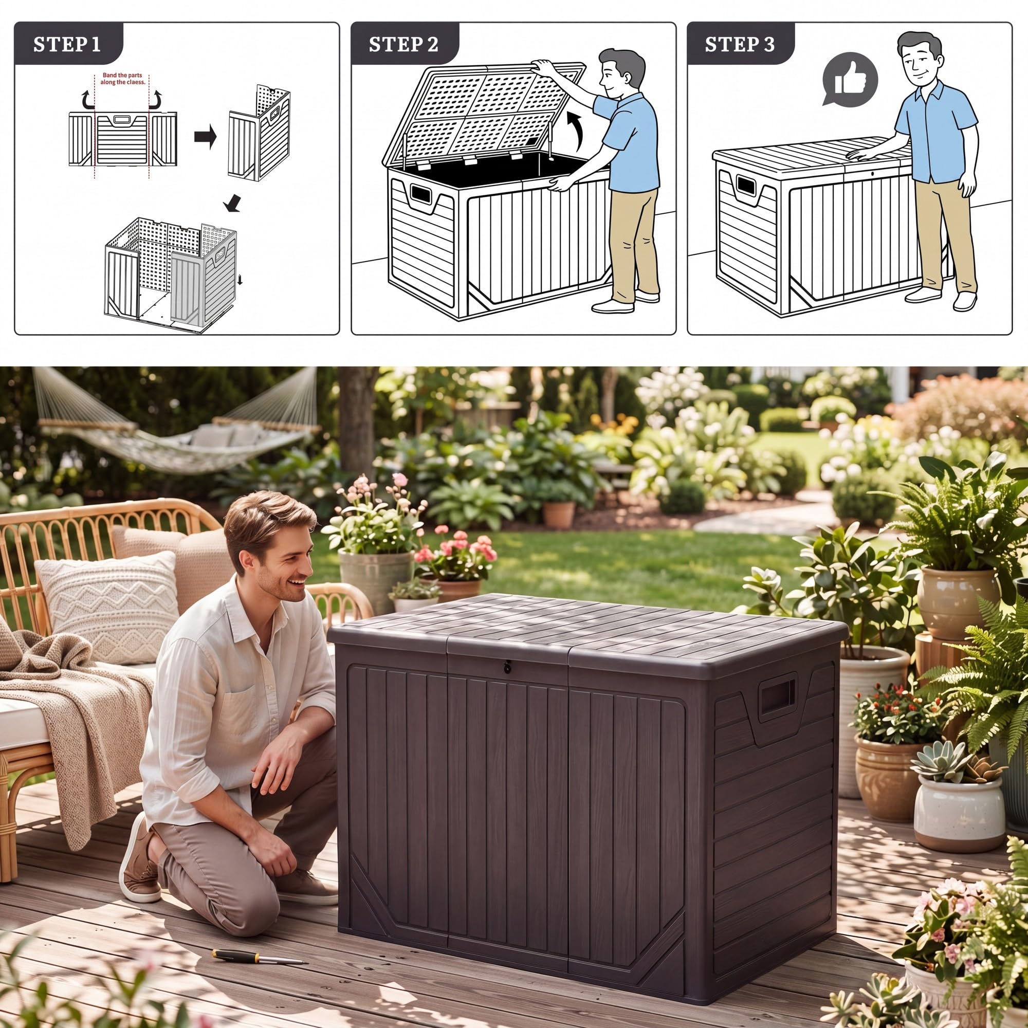 YITAHOME 230 Gallon Extra Large Outdoor Storage Box, Waterproof Double-WallDeck Box with Hydraulic Piston for Garden Tools, Pool Accessories & Cushions, Resin Deck Organizer with Bench Seat(Brown)
