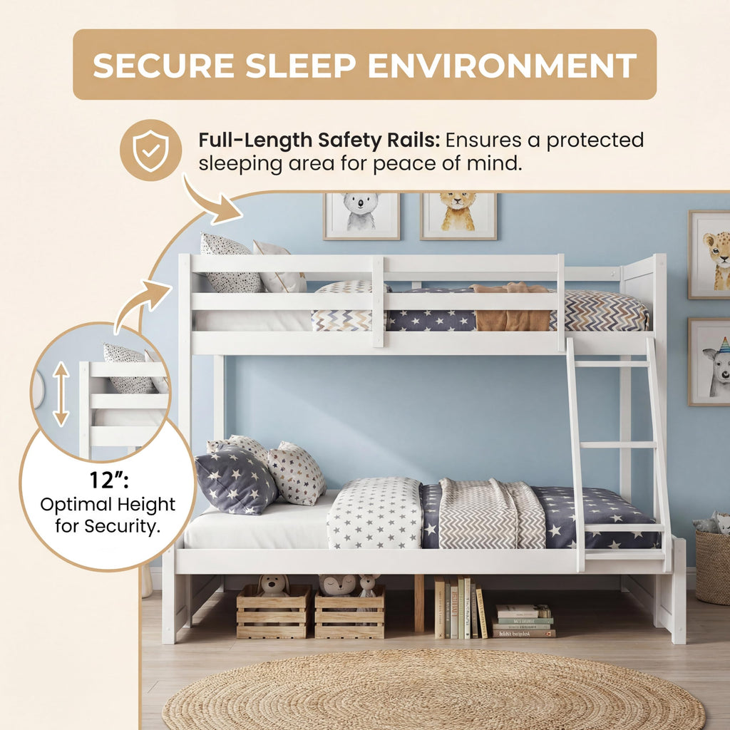KOMFOTT Twin Over Full Bunk Bed, Pine Bed Frame with 3-Step Ladder, Full-Length Guardrails & 21 Wooden Support Slats, Solid Wood Bunk Bed for Teens, Kids, Adults, Dorms and Apartments (White)