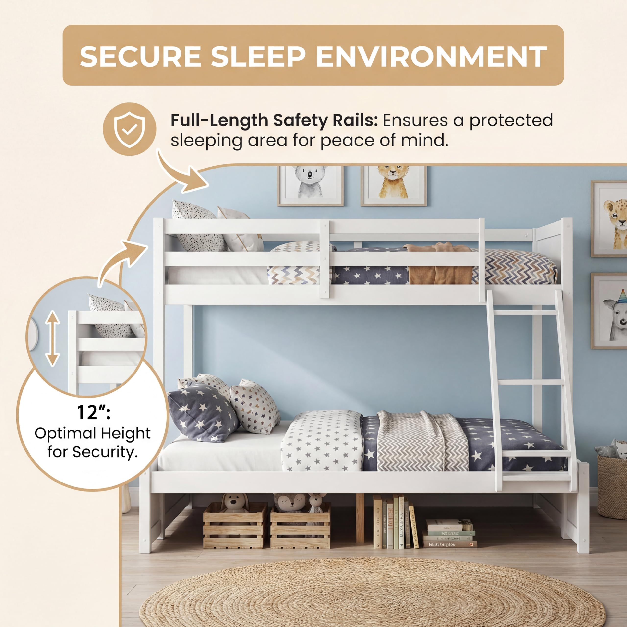 KOMFOTT Twin Over Full Bunk Bed, Pine Bed Frame with 3-Step Ladder, Full-Length Guardrails & 21 Wooden Support Slats, Solid Wood Bunk Bed for Teens, Kids, Adults, Dorms and Apartments (White)