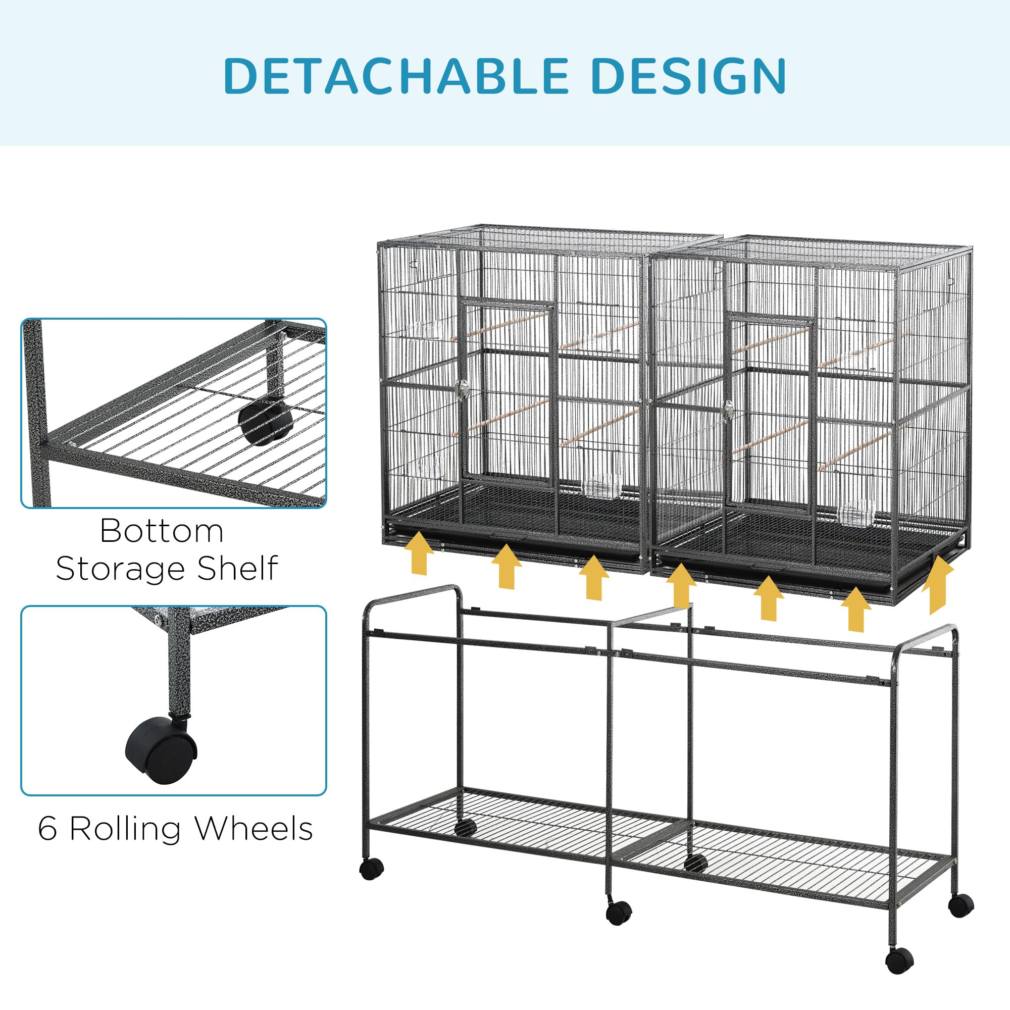 PawHut 65" Double Rolling Metal Bird Cage with Divider, Large Parrot Cage for Parakeet, Canaries, Lovebirds, Budgie, Finch, with Detachable Rolling Stand, Storage Shelf, Wood Perch & Food Container