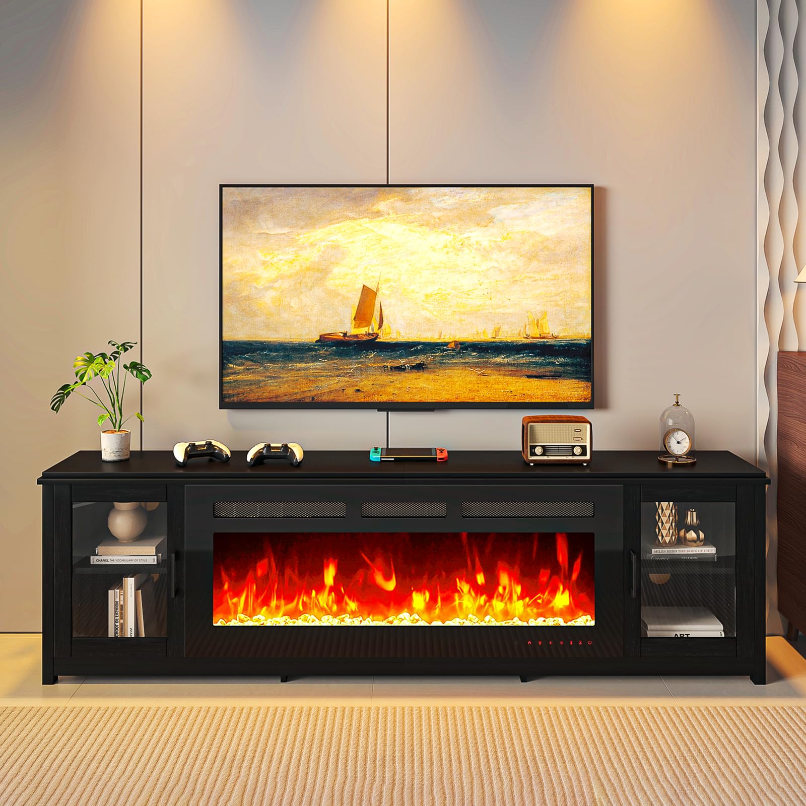 MXV 80" Fireplace TV Stand, Modern Entertainment Center with 50 Inch Smart Fireplace, Adjustable Shelf & Glass Door, Fire Place with WI-FI Enabled, TV Console for Living Room, Black