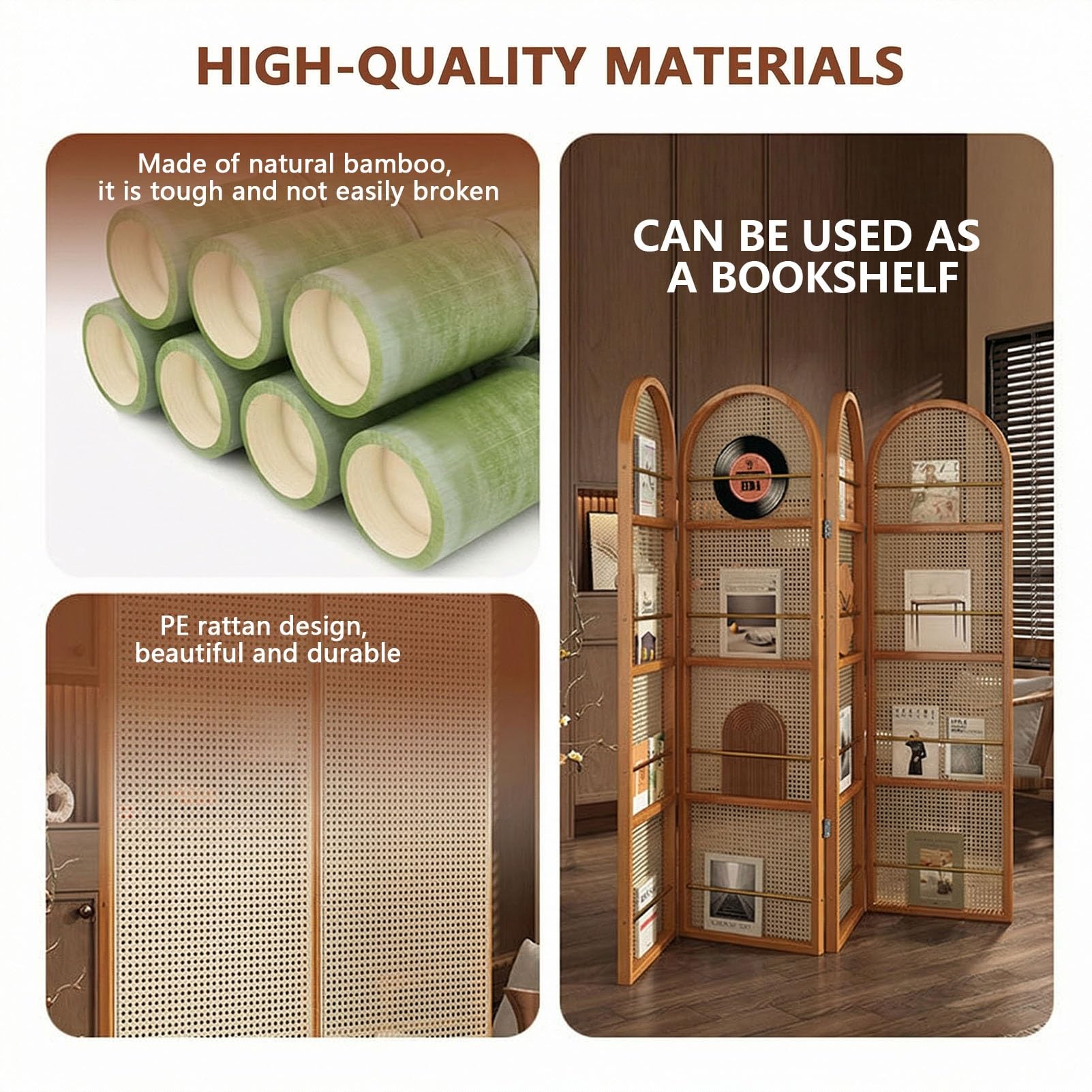 Rattan Room Divider Portable Partition with Built-in Bookshelf, 67" Foldable Privacy Screen for Room Separation, Home Office, Bedroom, 2 Panel Design