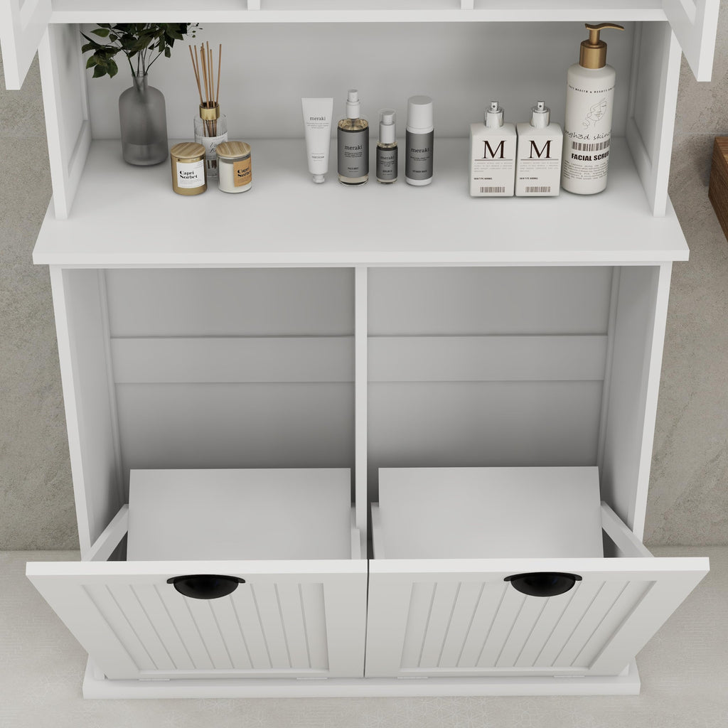 Amacv Two-Compartment Tilt-Out Dirty Laundry Basket Tall Bathroom Cabinet with 2 Adjustable Shelves-White