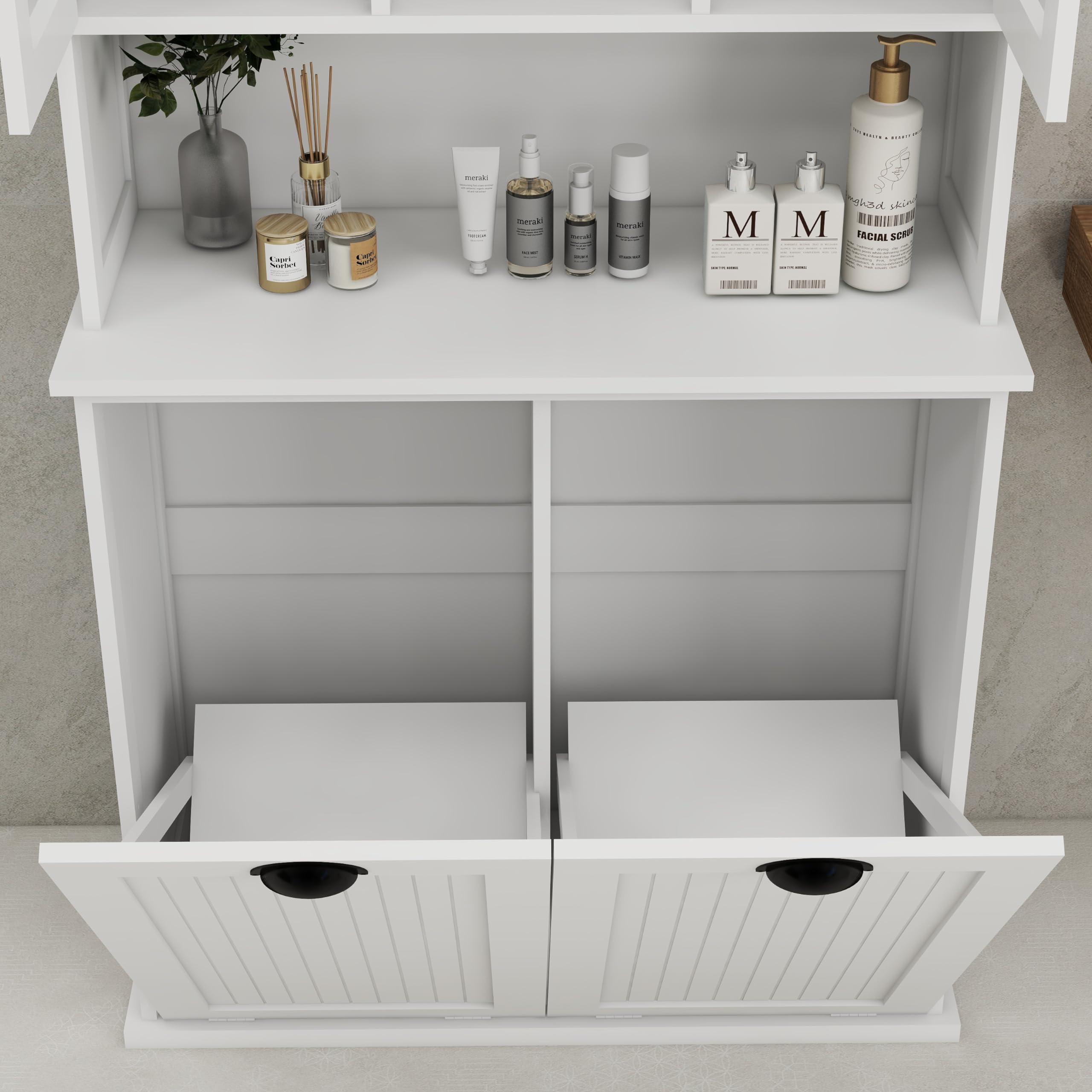Amacv Two-Compartment Tilt-Out Dirty Laundry Basket Tall Bathroom Cabinet with 2 Adjustable Shelves-White