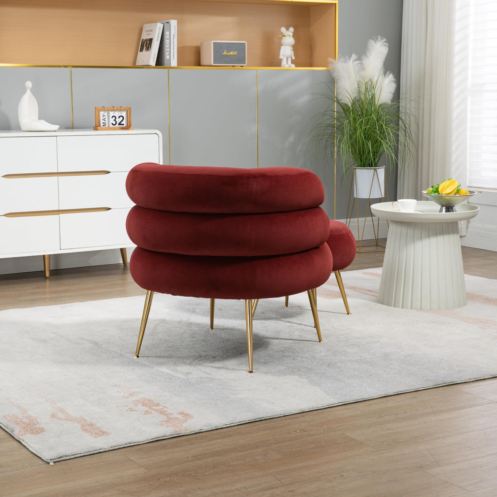 Upholstered Velvet Barrel Accent Chair with Ottoman,Accent Comfy Lounge Arm Chair and Footrest Stool Set,Single Sofa Armchair with Lounge Seat for Bedroom,Office (Wine Red)