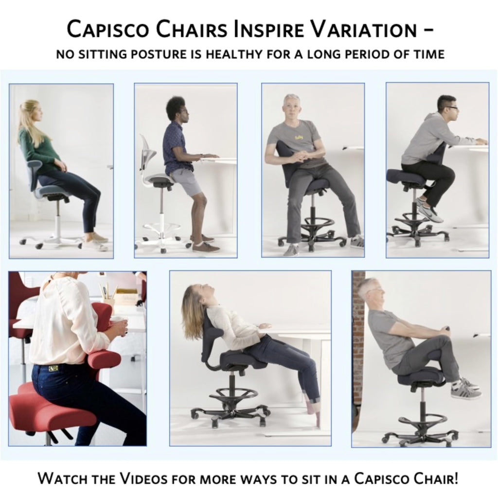 HAG Capisco Puls Adjustable Sit to Stand Desk Chair-White Frame-Blue Plastic-Blue Partial Cushion with Footring