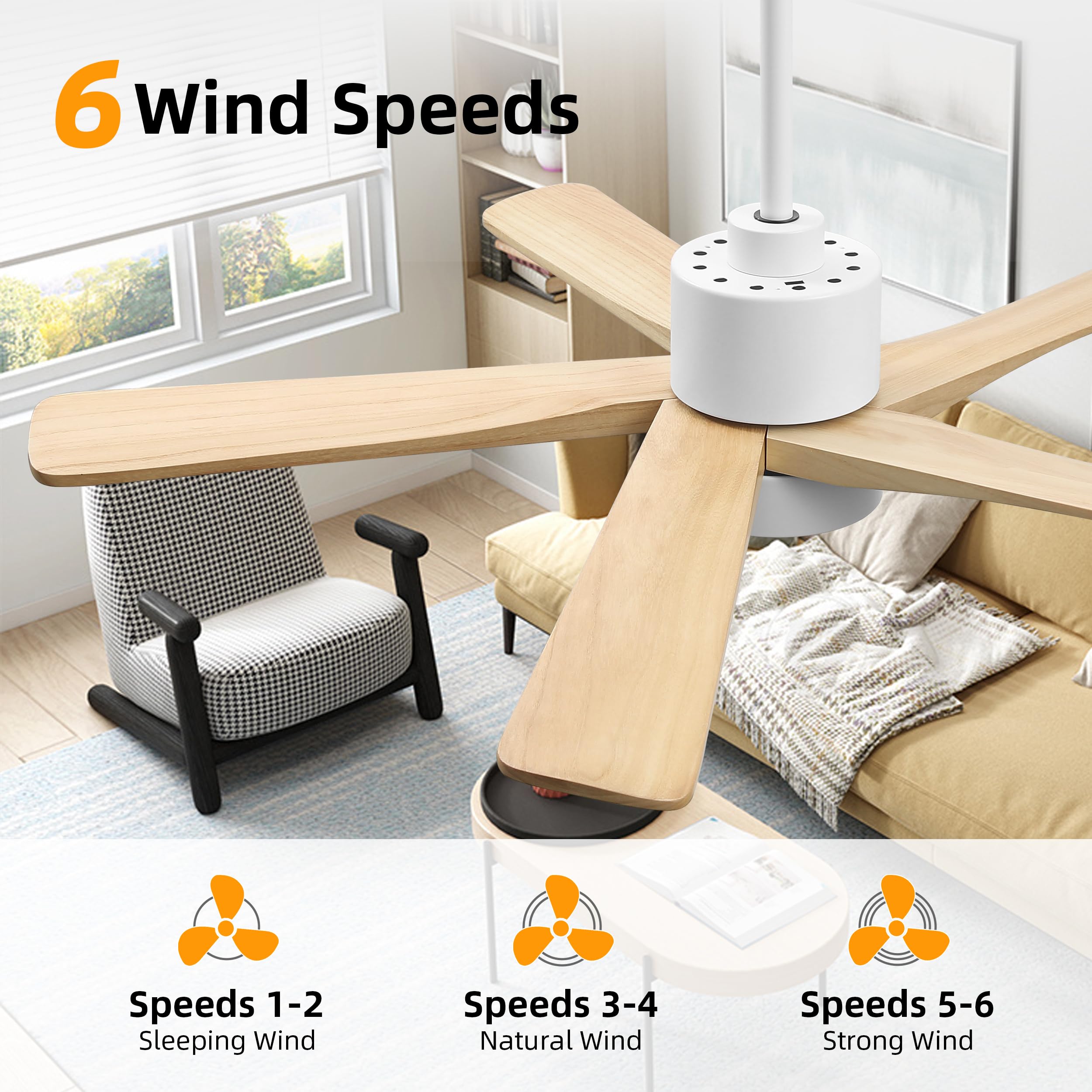 WINGBO 48 Inch DC Ceiling Fan with Lights and Remote Control, 5 Carved Solid Wood Blades, 6-Speed Noiseless Reversible DC Motor, Indoor Ceiling Fan in Gloss White Finish with Oak Blades