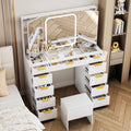 Pamapic Glass Top Makeup Vanity Desk with Foldable Mirror and Lights, 11 Drawers Vanity with Chair and Power Outlet, 3 Lighting Modes Makeup Table, Golden Handles, White