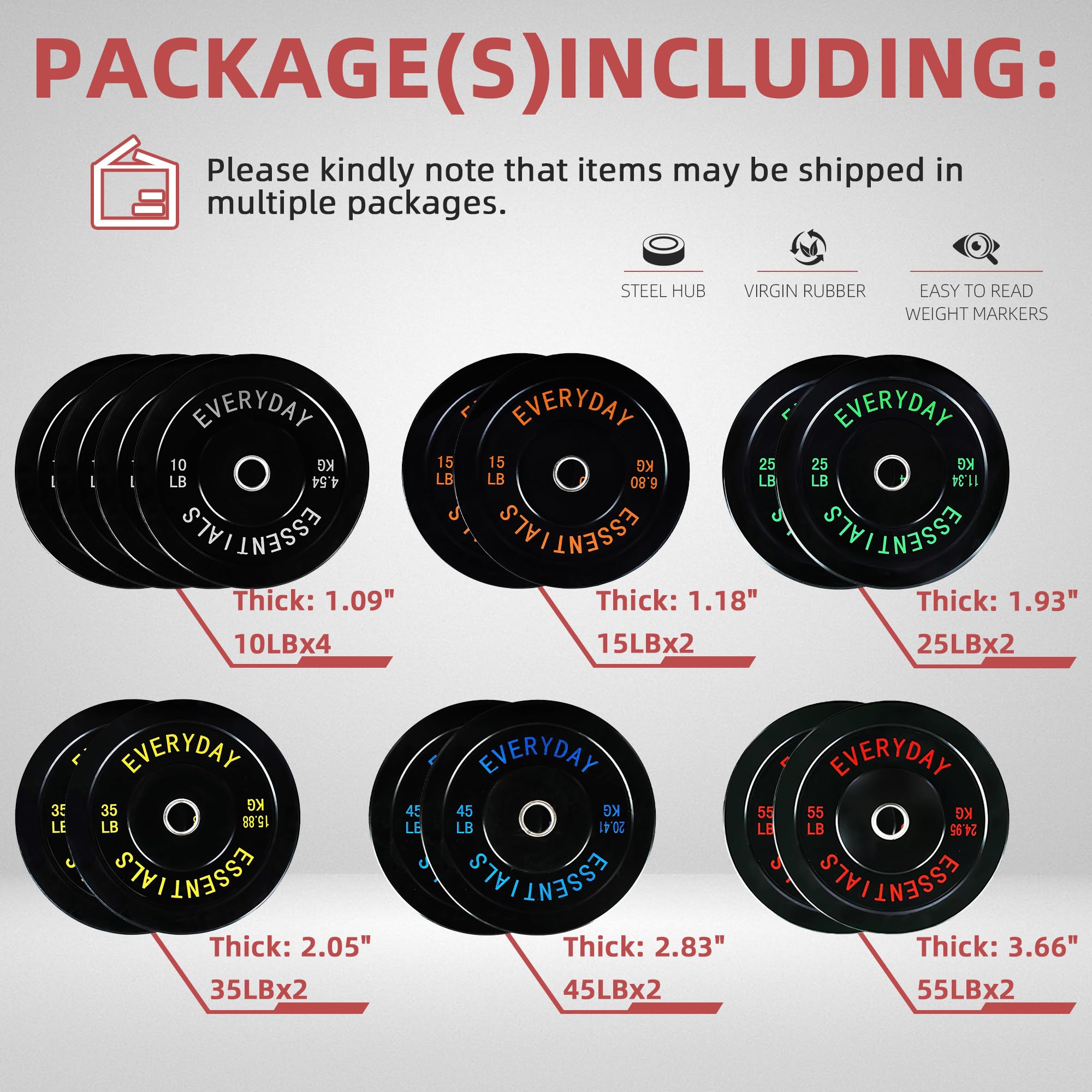Fitvids Olympic Bumper Plates Set – 2" Weight Plates for Strength Training & Weightlifting – Set: 390 lbs – Black