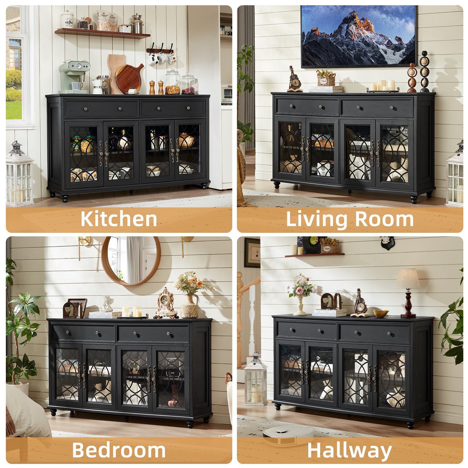 Joaxswe Farmhouse Sideboard Buffet Cabinet with Storage,59" Large Credenza with 4 Glass Doors & 2 Drawers,Adjustable Shelves Console Table,Wood Kitchen Coffee Bar for Dining Room,Living Room,Black