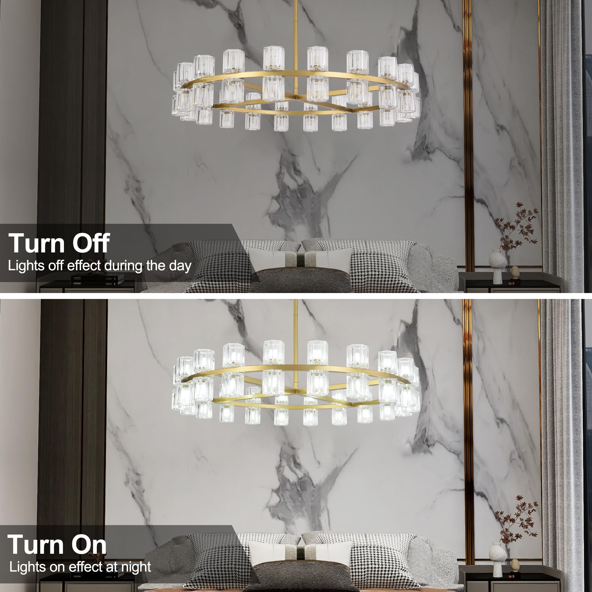 Leadtek 40 Inch Modern Farmhouse Chandelier with K9 Crystal Chandelier Shade, Gold Wagon Wheel Chandelier, for Dining Room Light Fixture, Kitchen Island, Entryway, Foyer, Bedroom Lighting