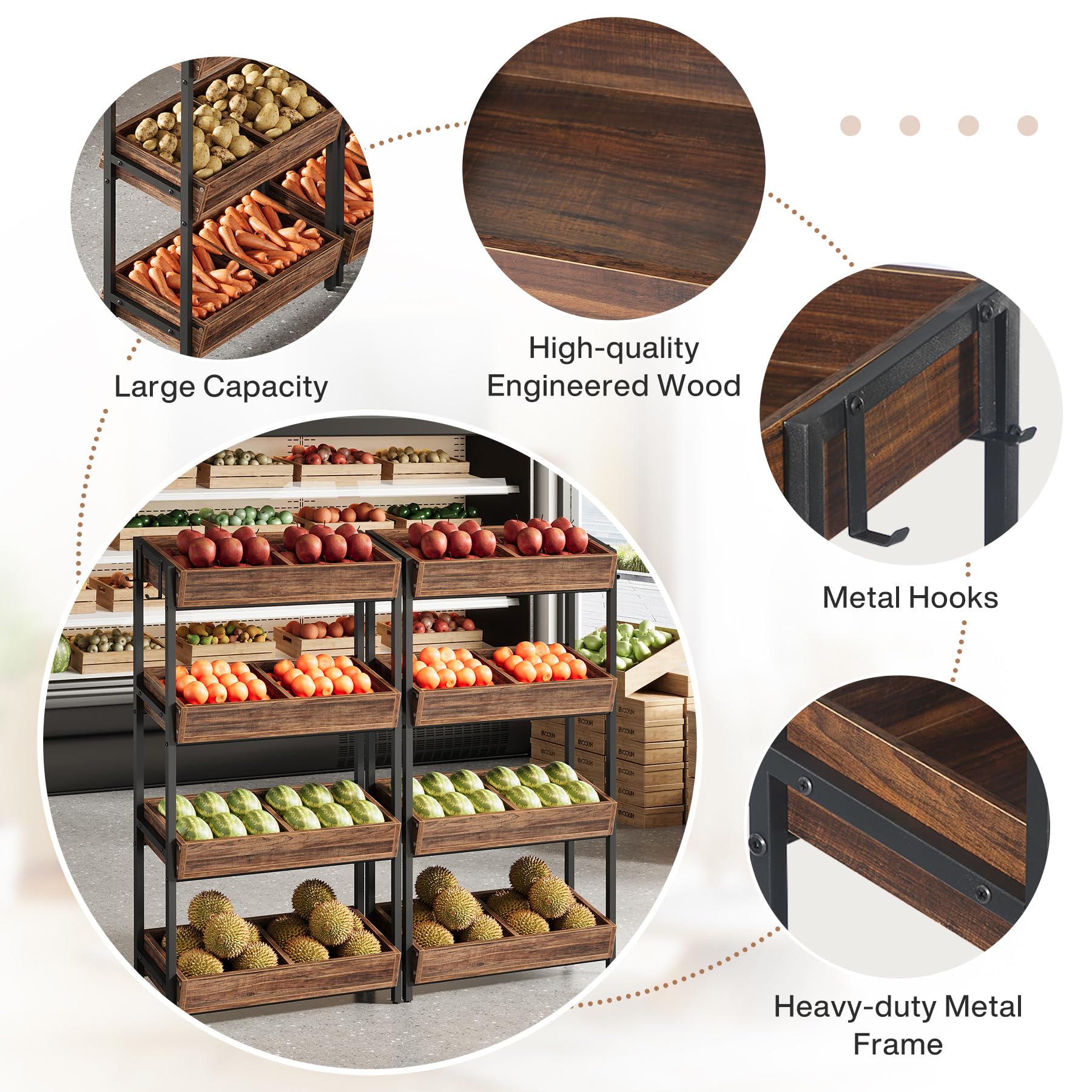Tribesigns 4-Tier Retail Display Rack Set of 6, Heavy-Duty Commercial Display Stand for Candy, Vegetables, Snacks, Industrial Storage Shelf with Hooks for Retail Store (6, Brown+Black)