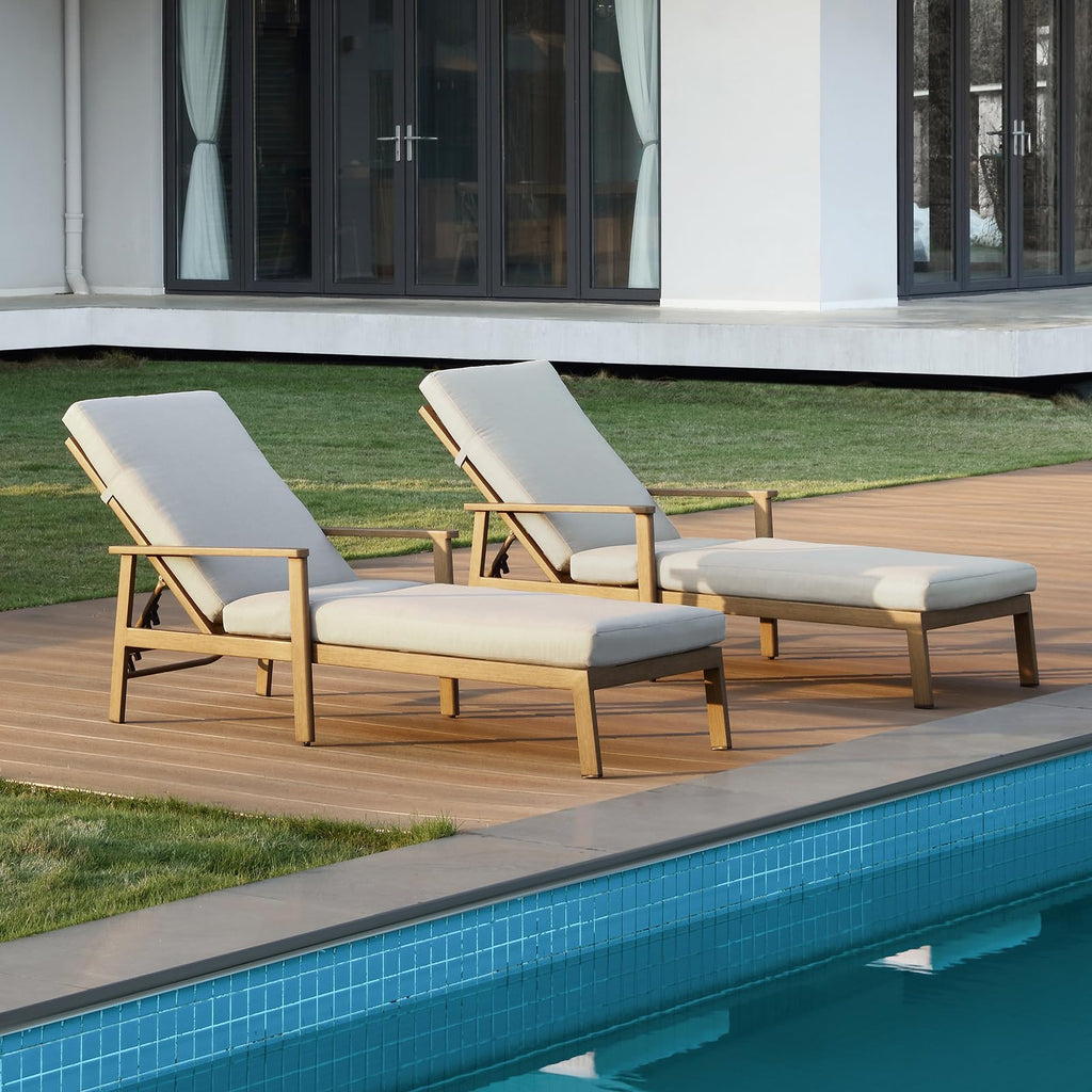 SEEHILL 2-Pack Teak Chaise Lounge Chairs, Never Rust Aluminum Outdoor Pool Lounge Chair Set with Gray Cushions, 6-Position Adjustable Patio Loungers, Outdoor Lounge Chairs for Poolside, Beach, Yard