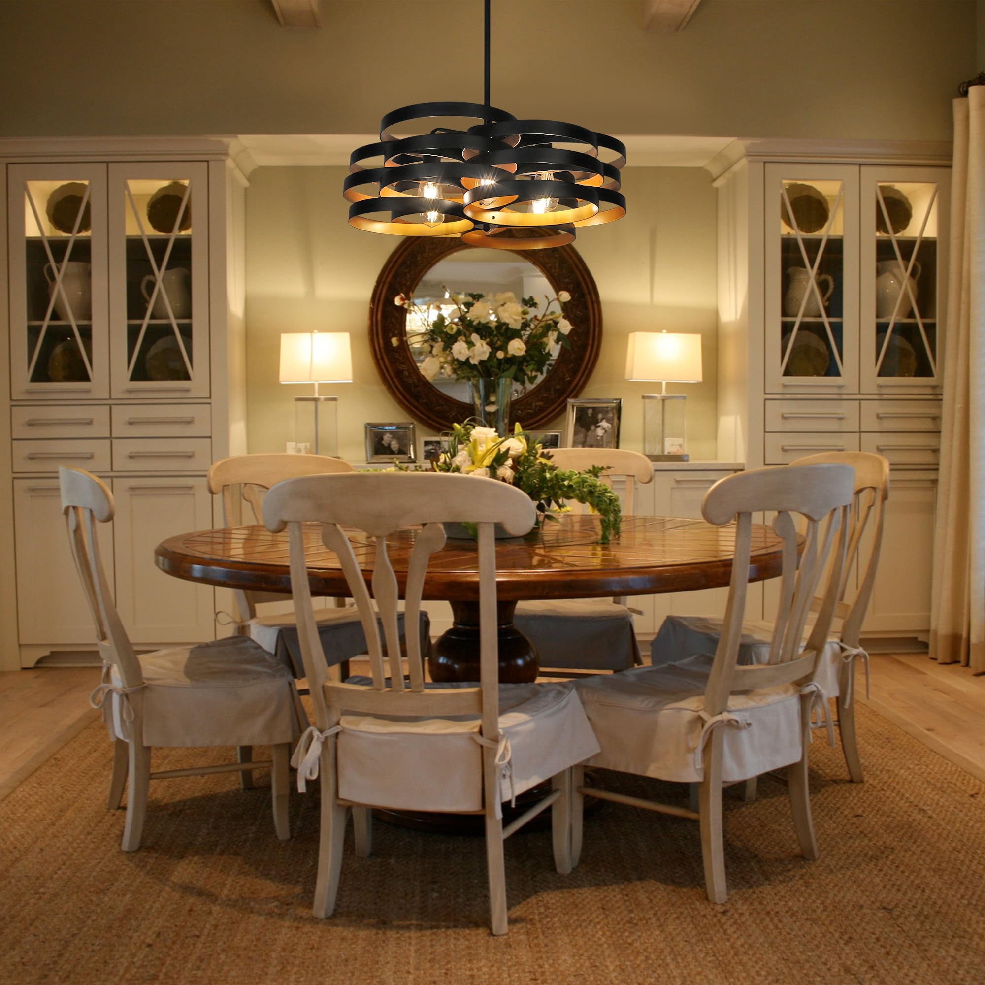 CNRATYE 6-Light Modern Farmhouse Chandeliers for Dining Room, Rustic Multiple Rings Pendant Lighting, Industrial Metal Round Chandelier for Kitchen Entryway, Black with Gold Interior